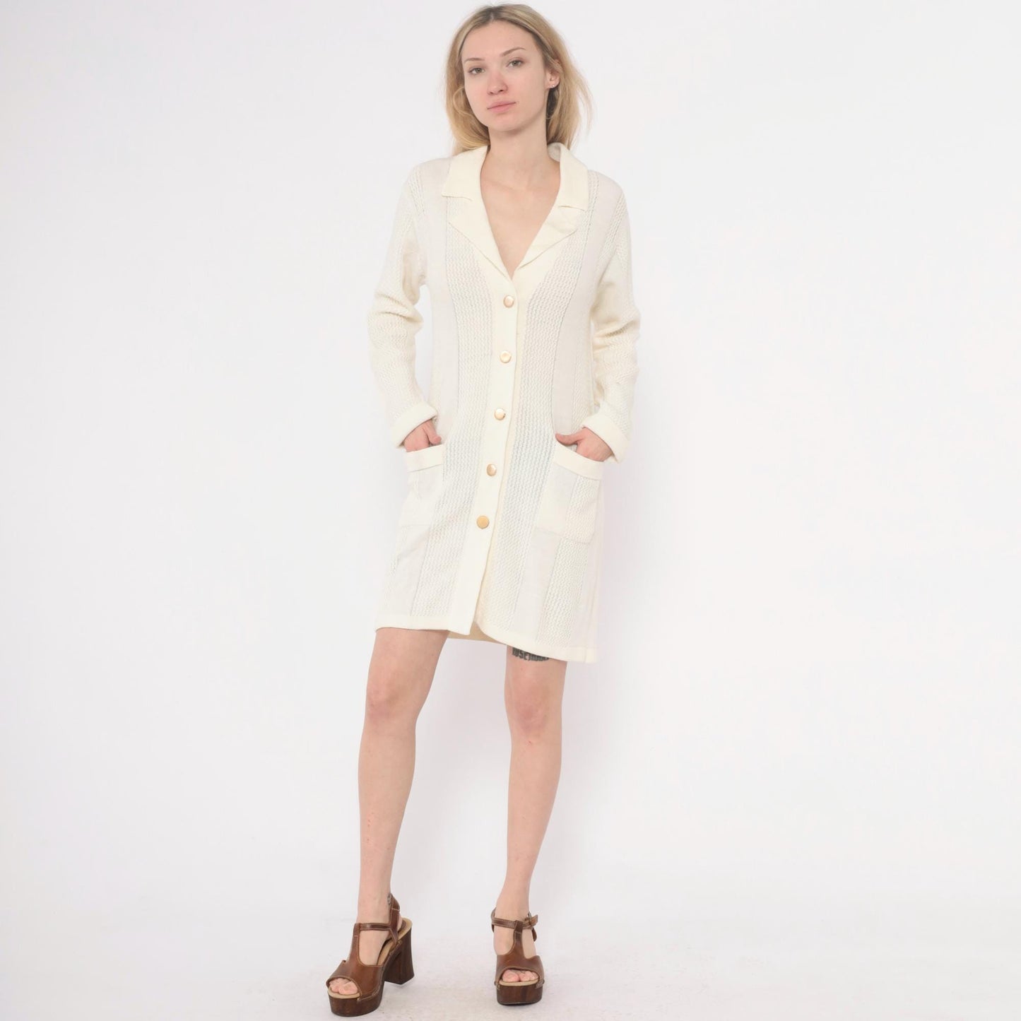 70s Cream Cable Knit Cardigan Dress Collared Button Front Large L