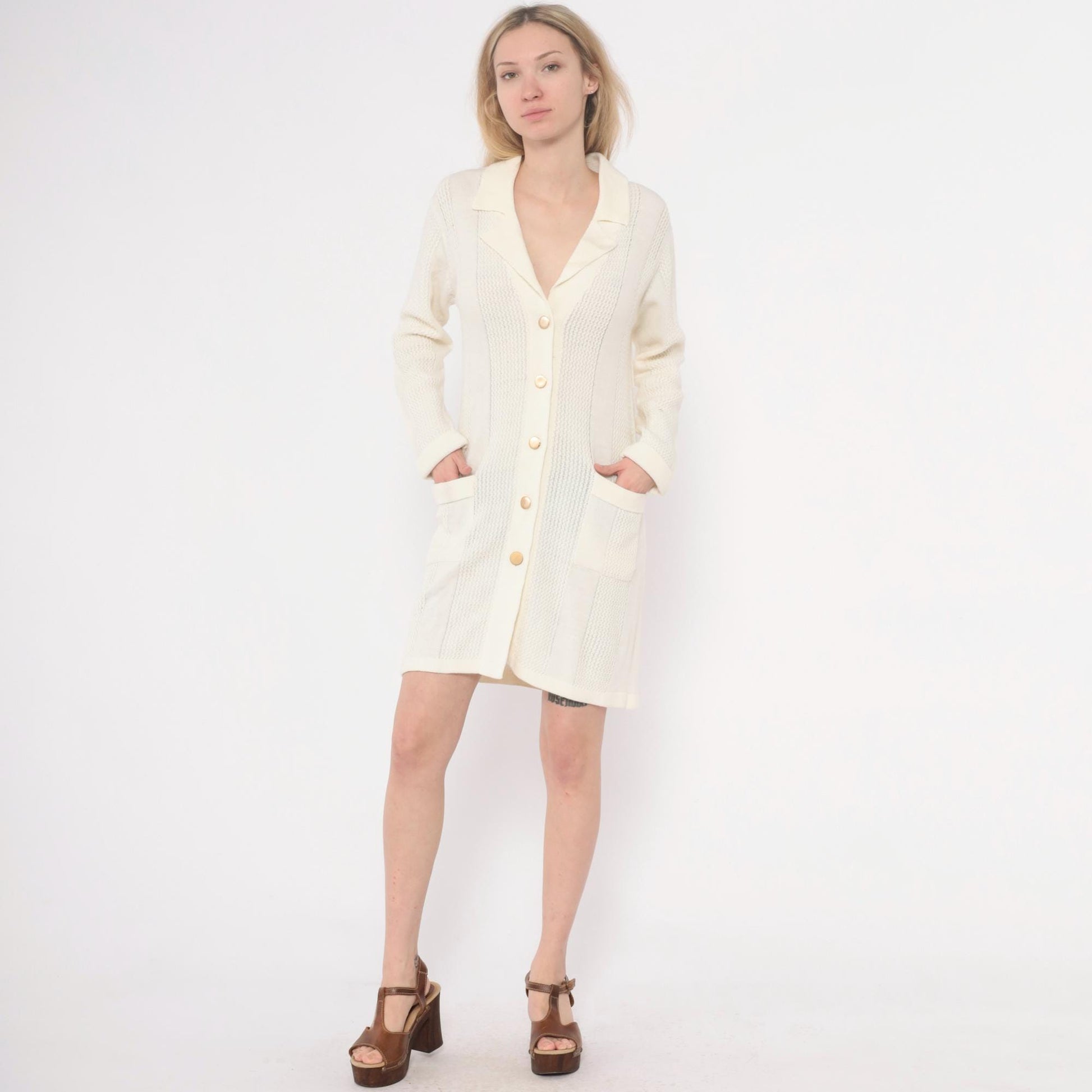 70s Cream Cable Knit Cardigan Dress Collared Button Front Large L