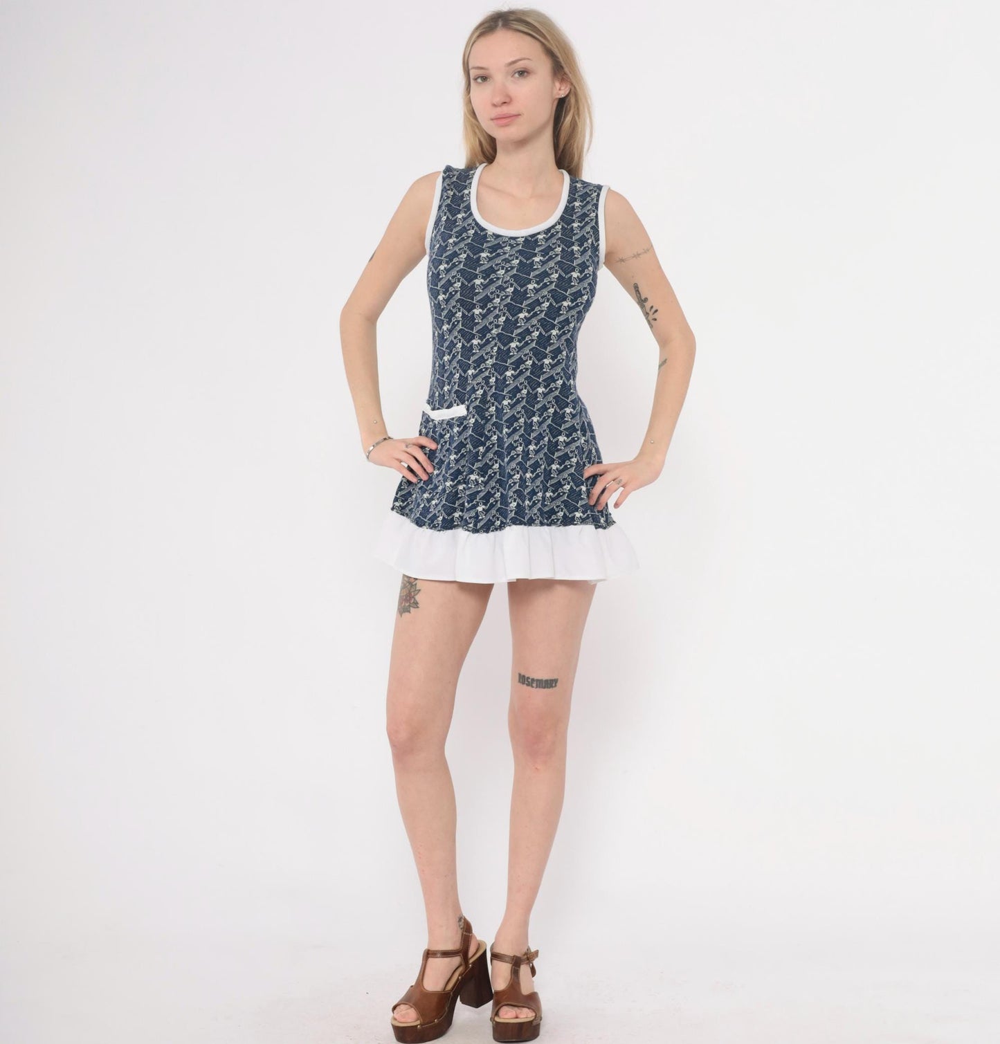70s Navy Tennis Print Sleeveless Tunic White Trim Mini Dress Extra Small XS