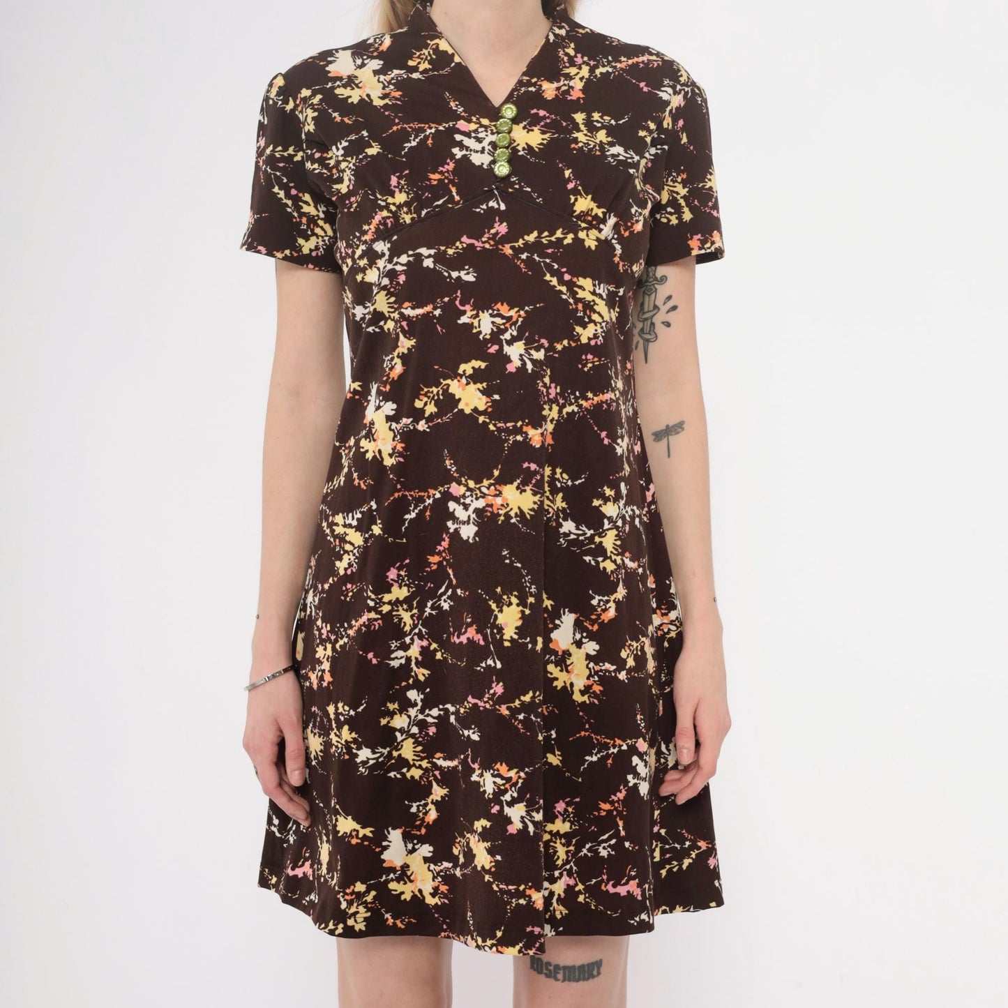 70s Brown Floral Mini Dress Collared Button Front A-Line Short Sleeve Medium M