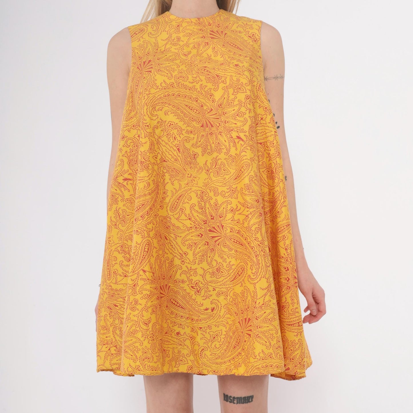 60s Gay Gibson Paisley Shift Dress Yellow Red Sleeveless XS
