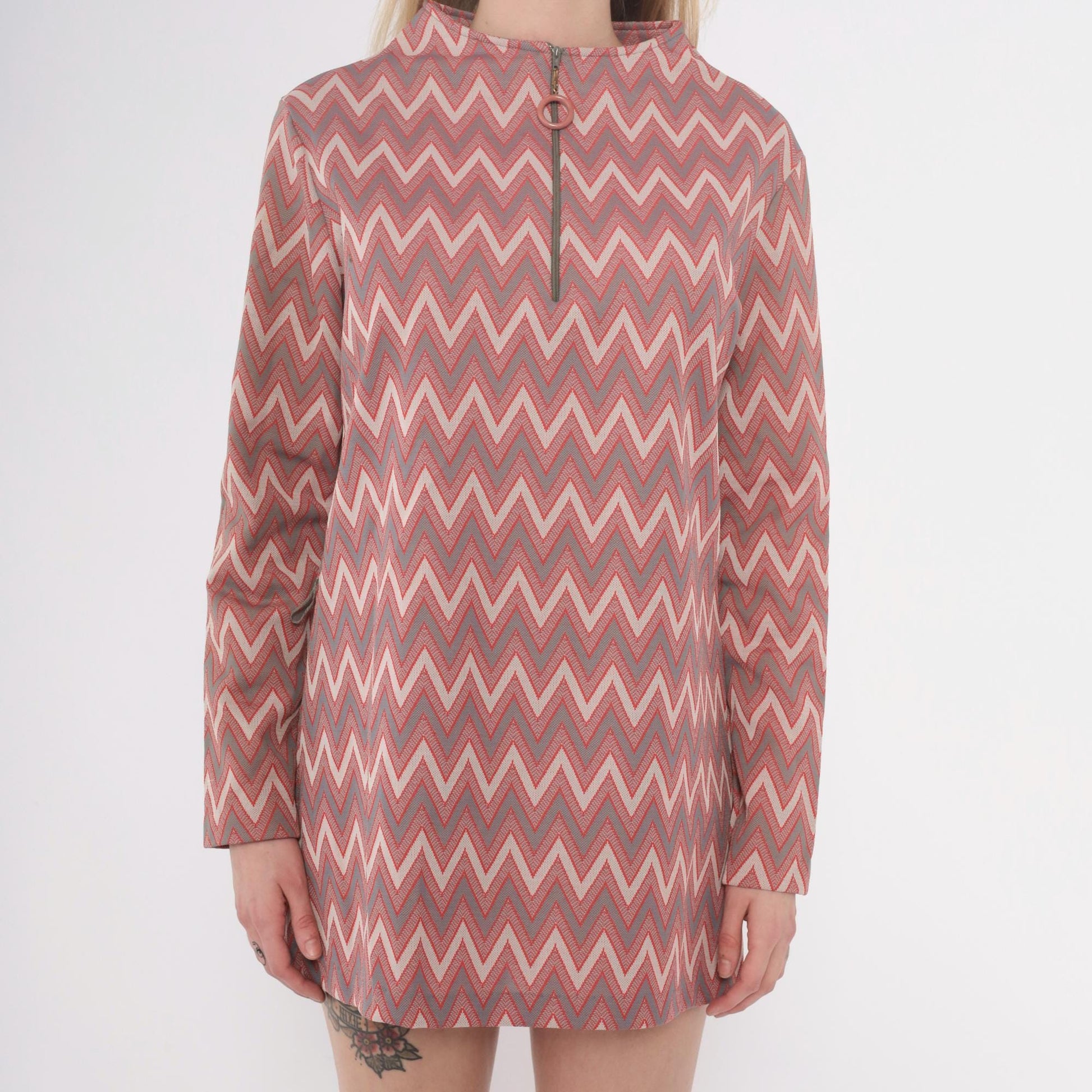 60s Chevron Print Mini Dress Mock Neck Shift Tunic Pink Grey Small S