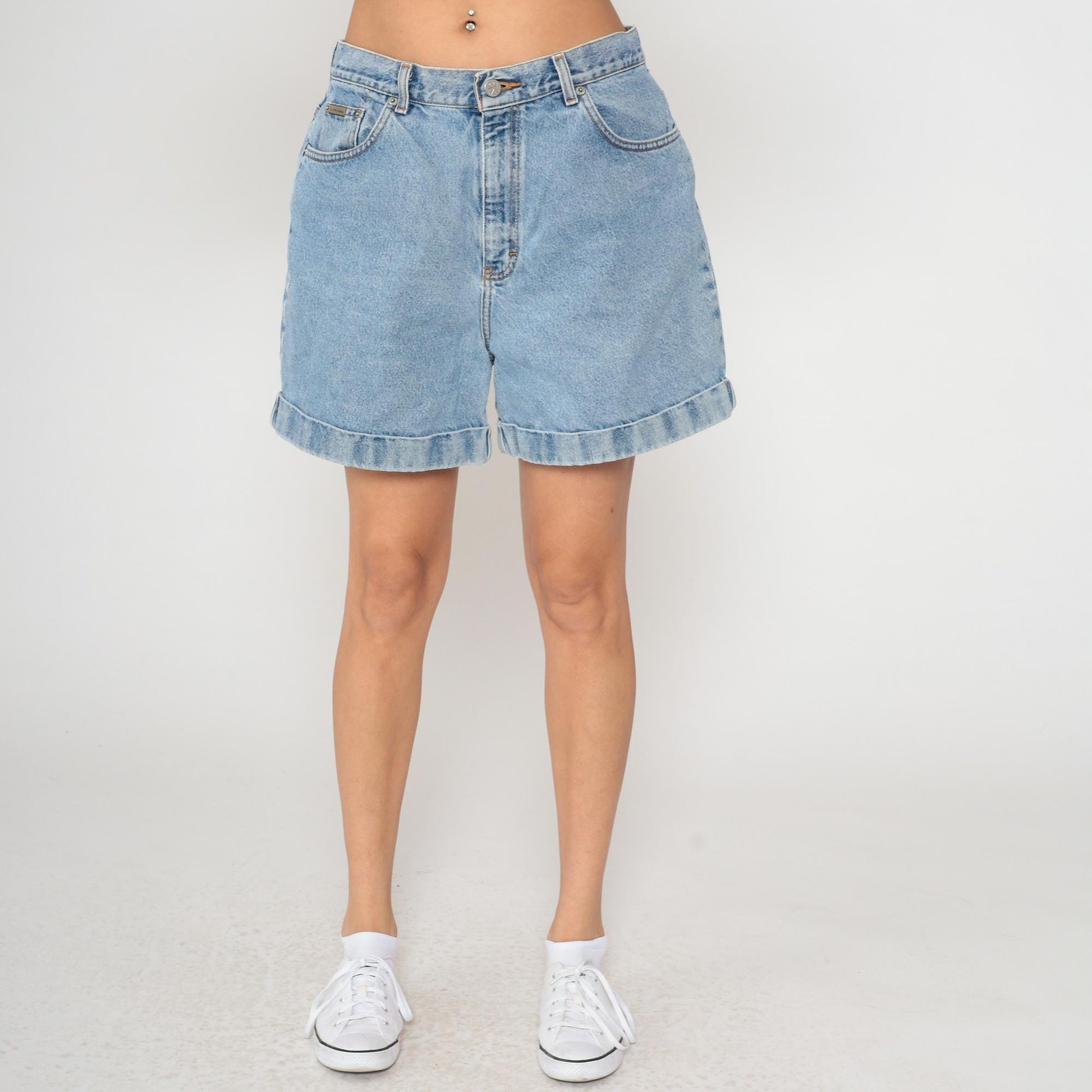 Calvin Klein 90s High Rise Denim Shorts Light Wash Blue Button Fly Large