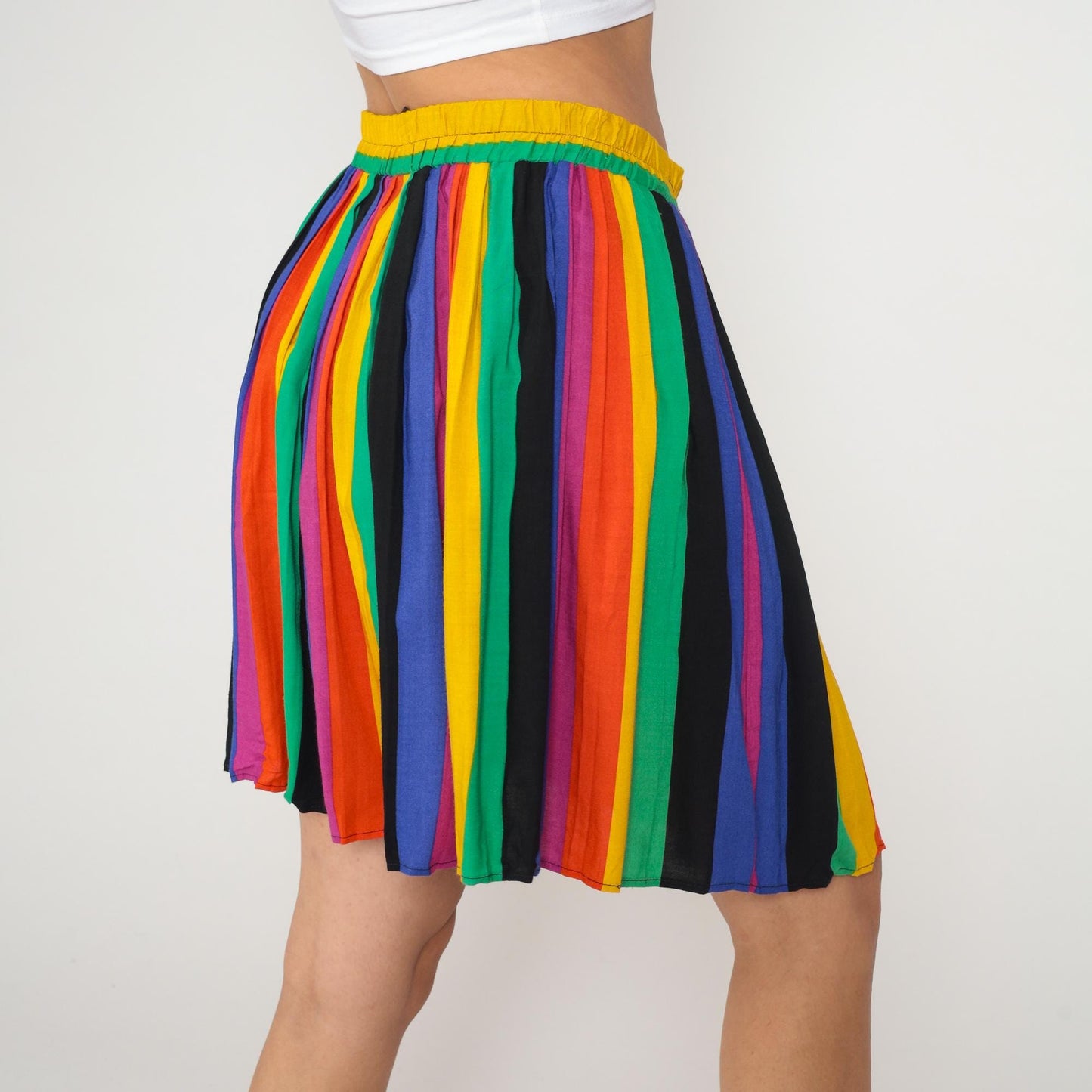 80s Rainbow Stripe Mini Skirt High Waisted Pleated Yellow Green Blue Red Medium M