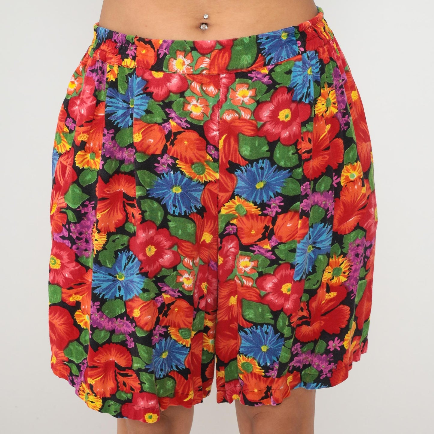90s Tropical Floral Shorts Plus Size Hibiscus Print Black Rayon XXL