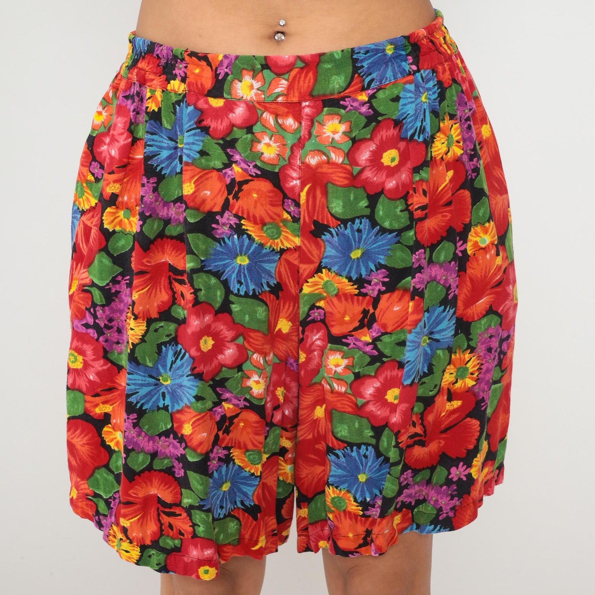 90s Tropical Floral Shorts Plus Size Hibiscus Print Black Rayon XXL