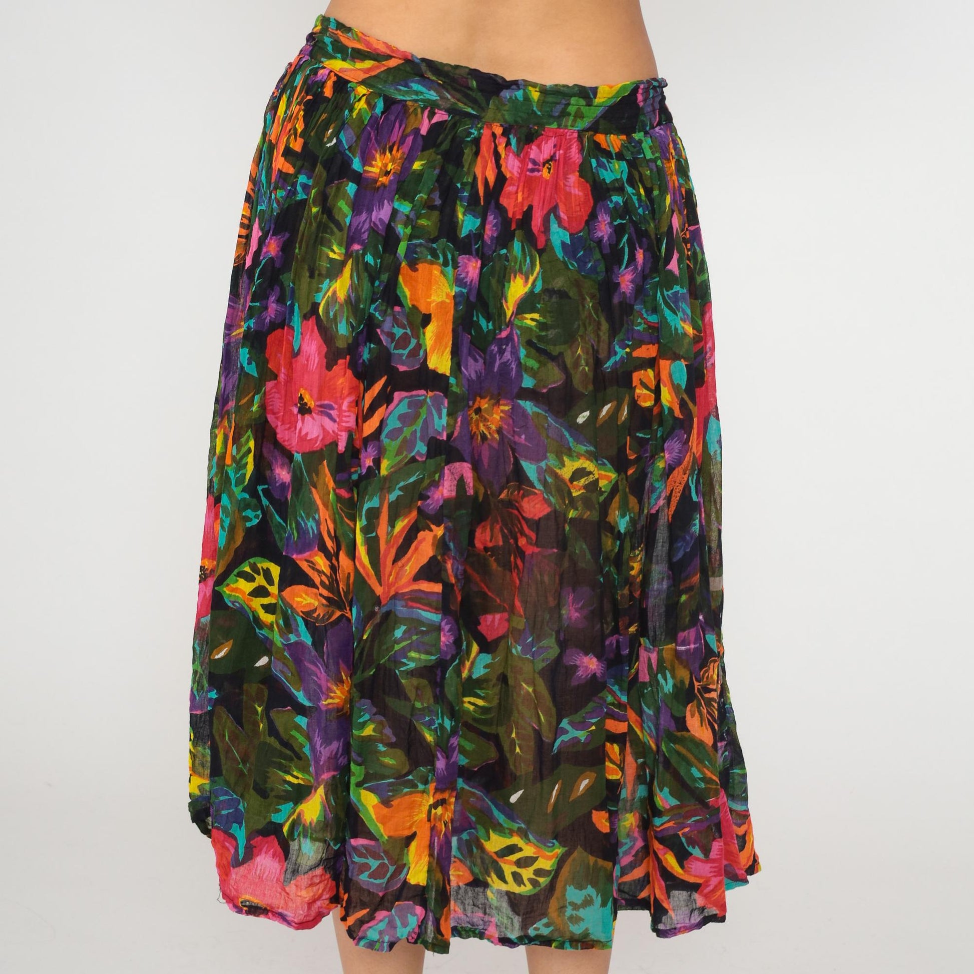 90s Tropical Floral Midi Skirt Black Pink Purple Orange Rayon Gathered Waist Medium