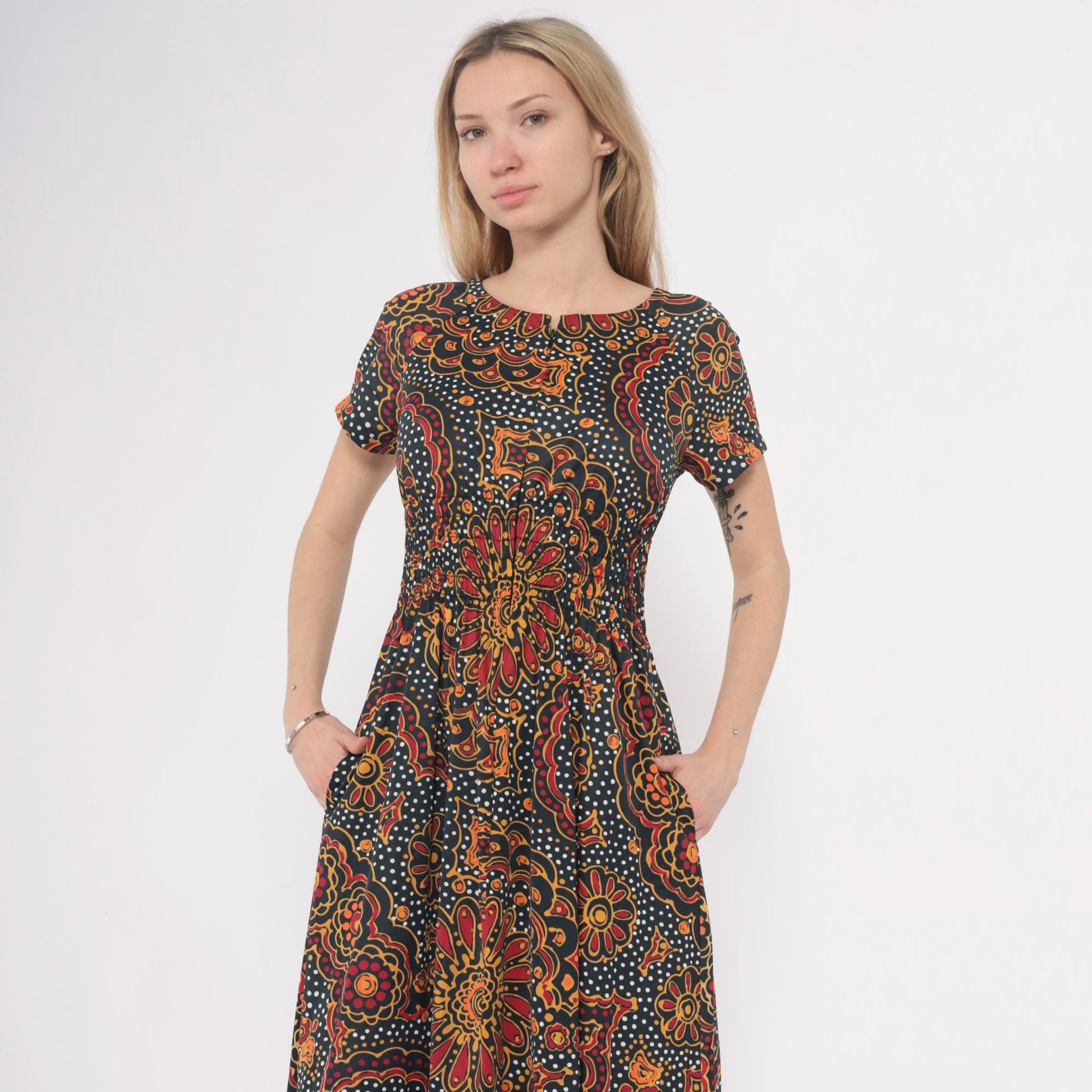 70s Psychedelic Maxi Dress Paisley Floral Navy Orange Red Yellow Small