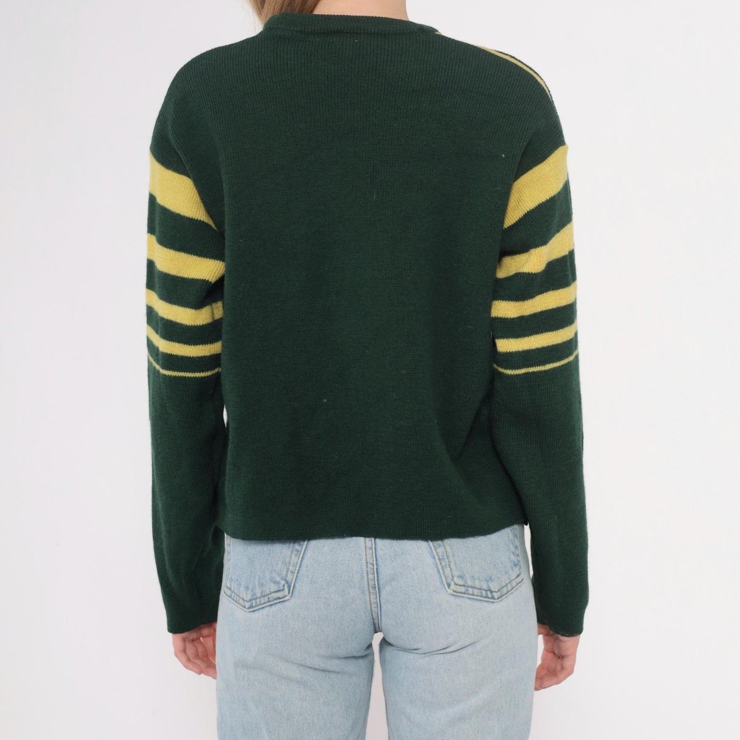 70s Norvyk by Renoir Wool Sweater Forest Green Striped Sleeves Large