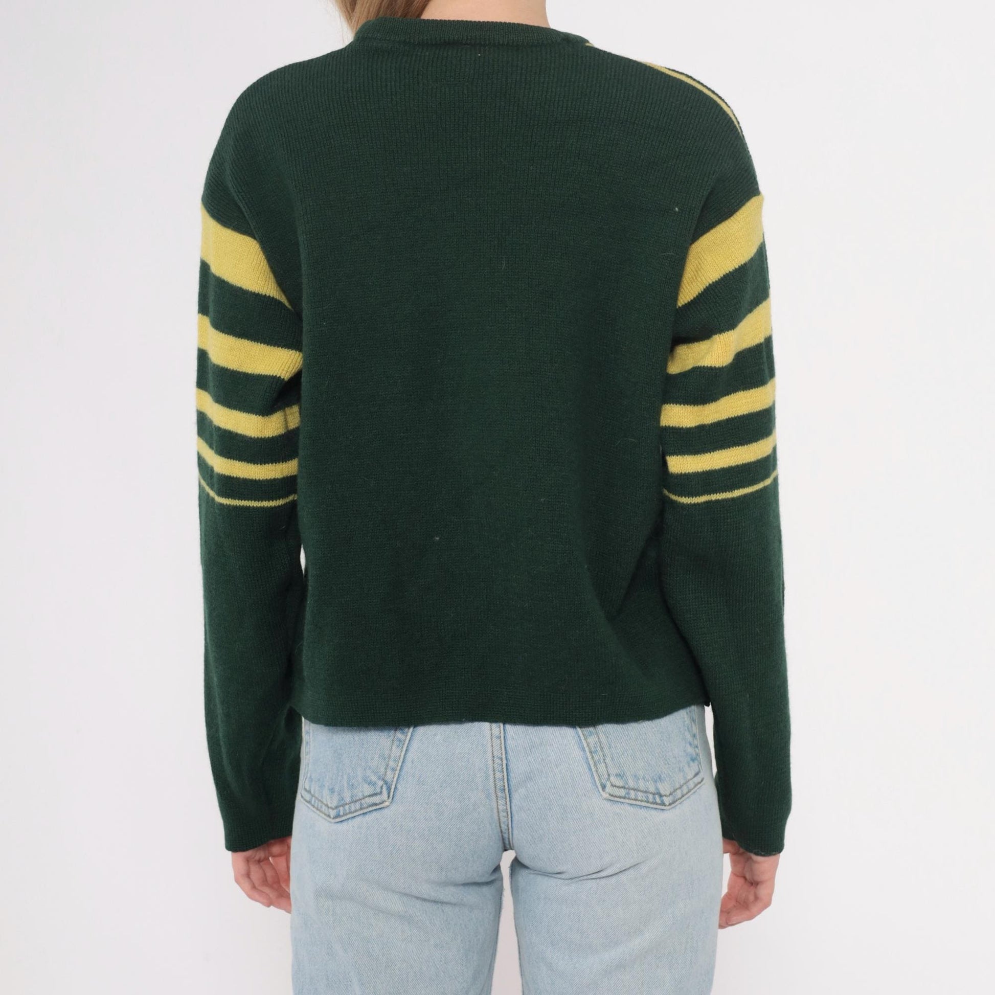 70s Norvyk by Renoir Wool Sweater Forest Green Striped Sleeves Large