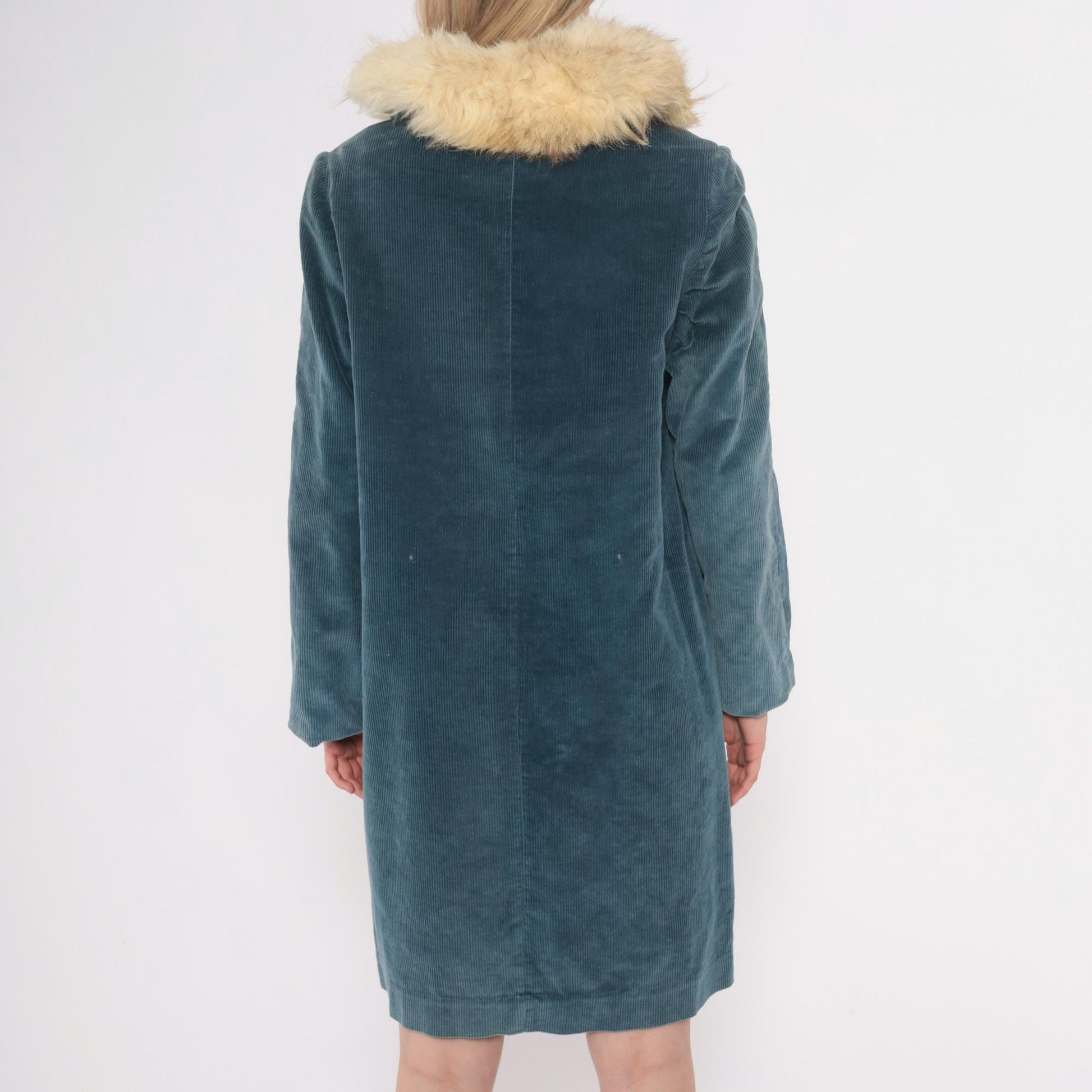 70s Blue Corduroy Jacket Cream Fur Collar Shearling Lined Knee Length Small