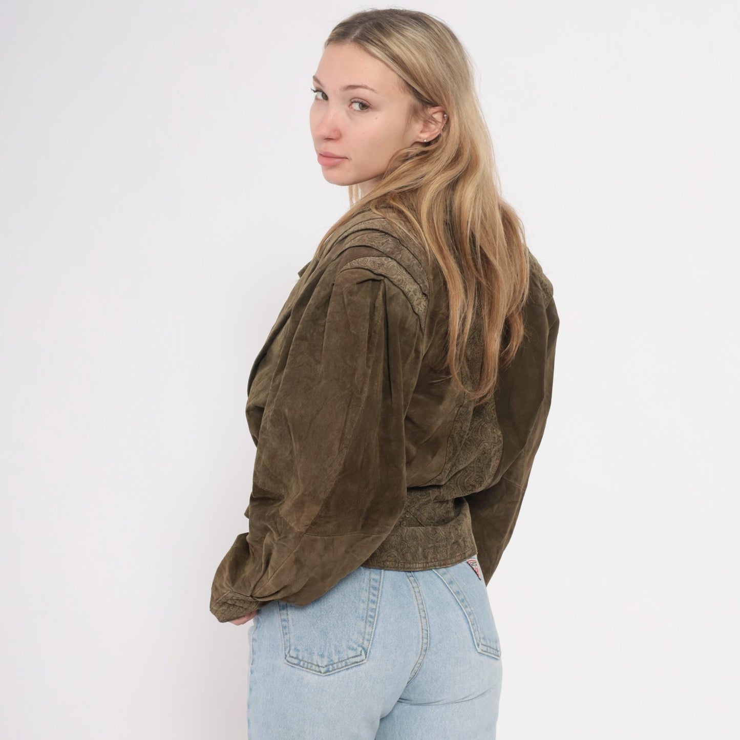 90s Olive Brown Leather Jacket Paisley Embossed Belted Cropped Small