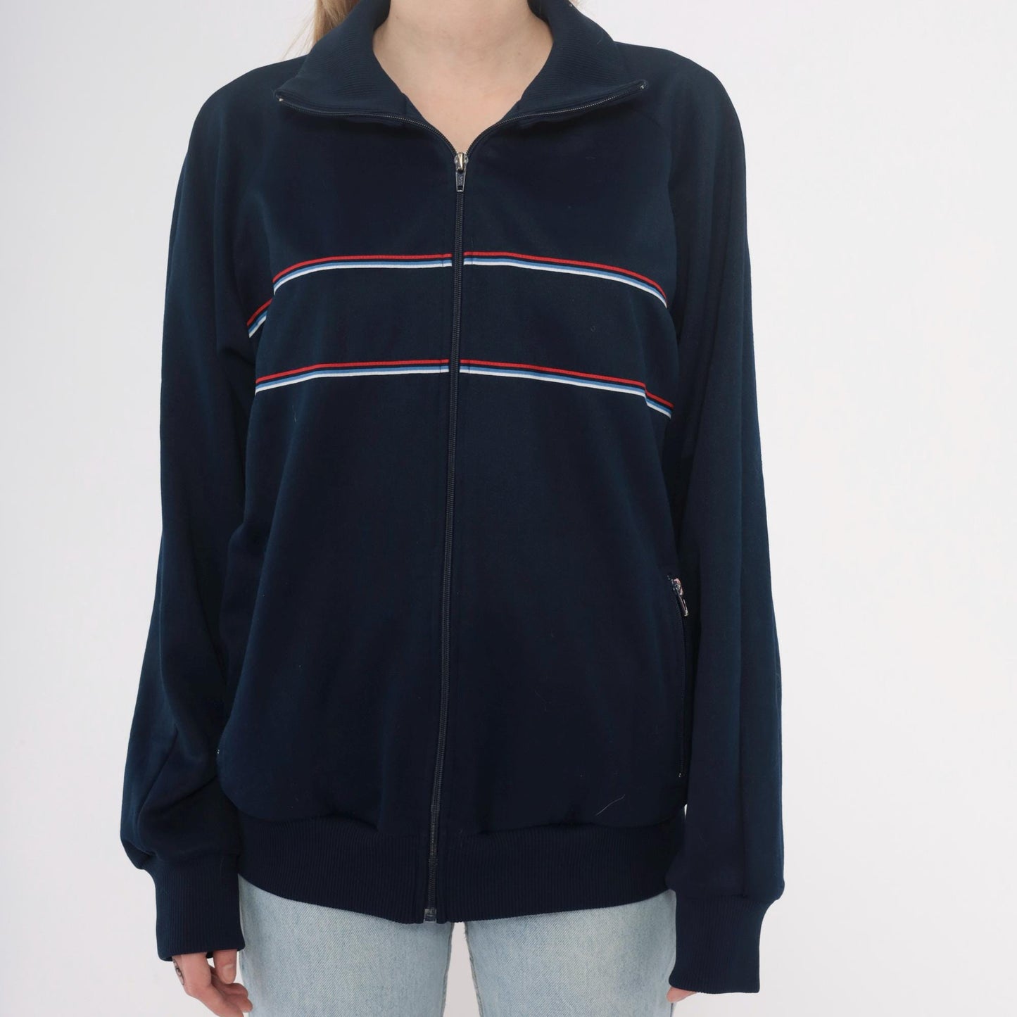 80s The Sports Scene Navy Track Jacket Striped Raglan Zip Large L