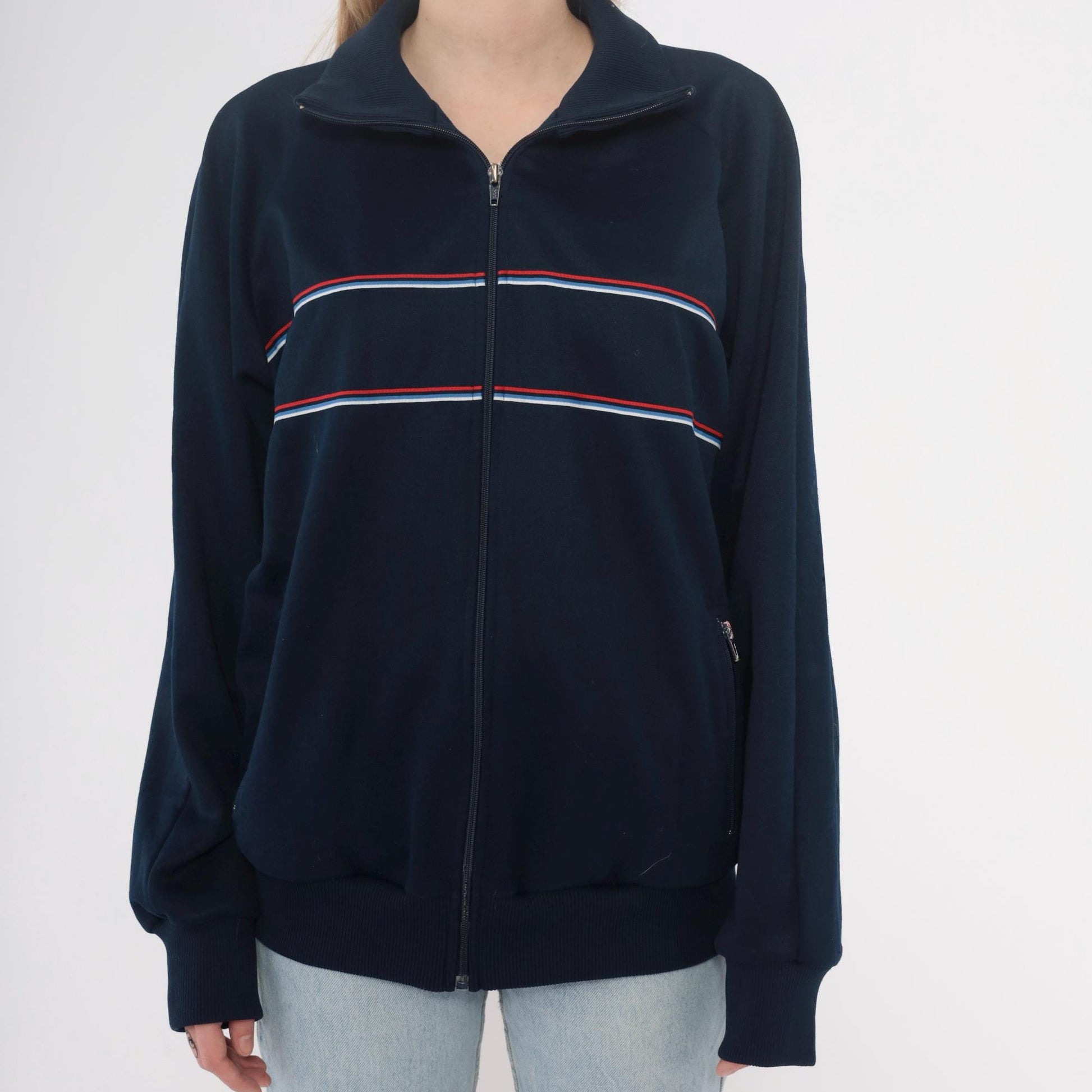 80s The Sports Scene Navy Track Jacket Striped Raglan Zip Large L