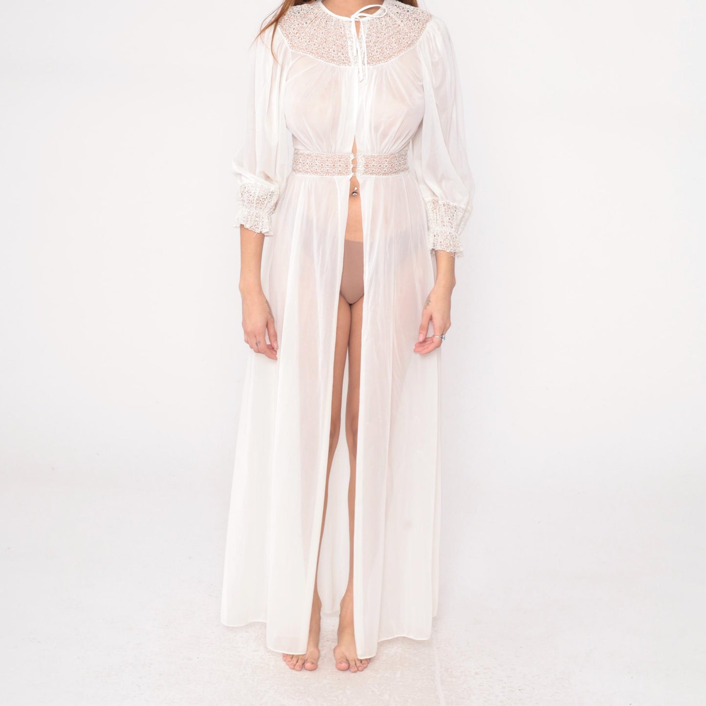 70s Lady Leonora Lace Robe Off-White Nylon Tie-Front Maxi Negligee Small