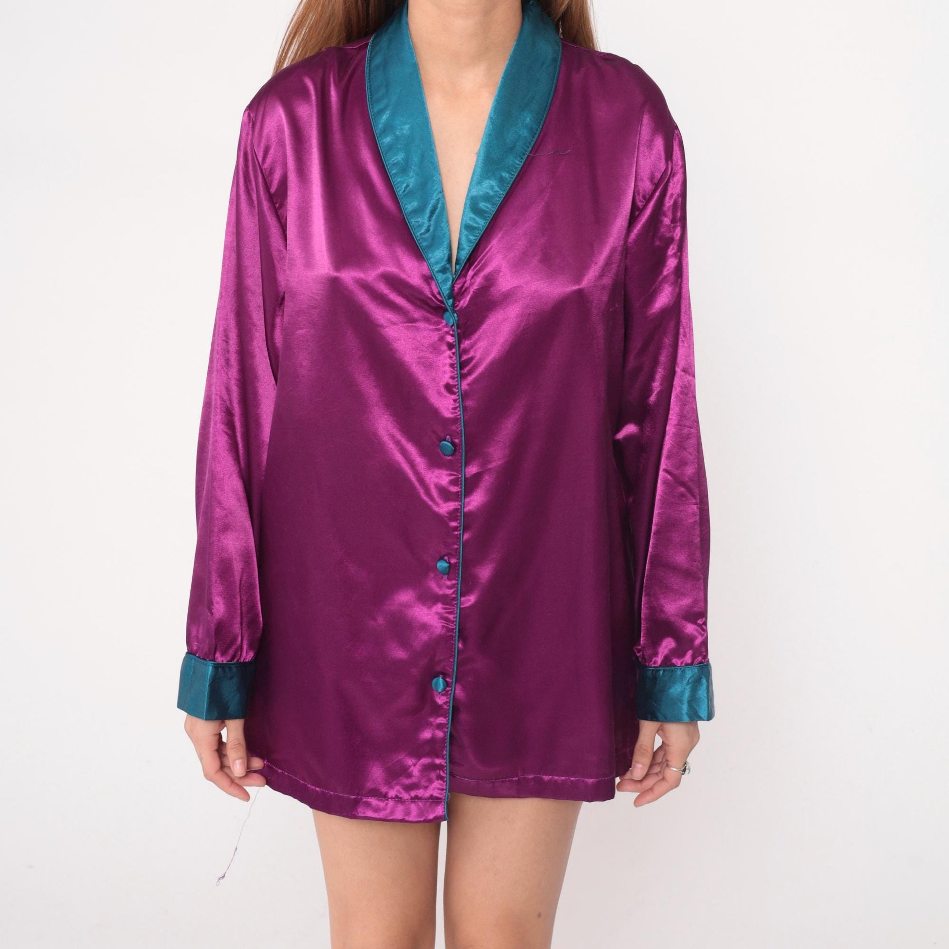 90s Purple Satin Sleep Shirt Teal Trim Button Front Tunic Large L
