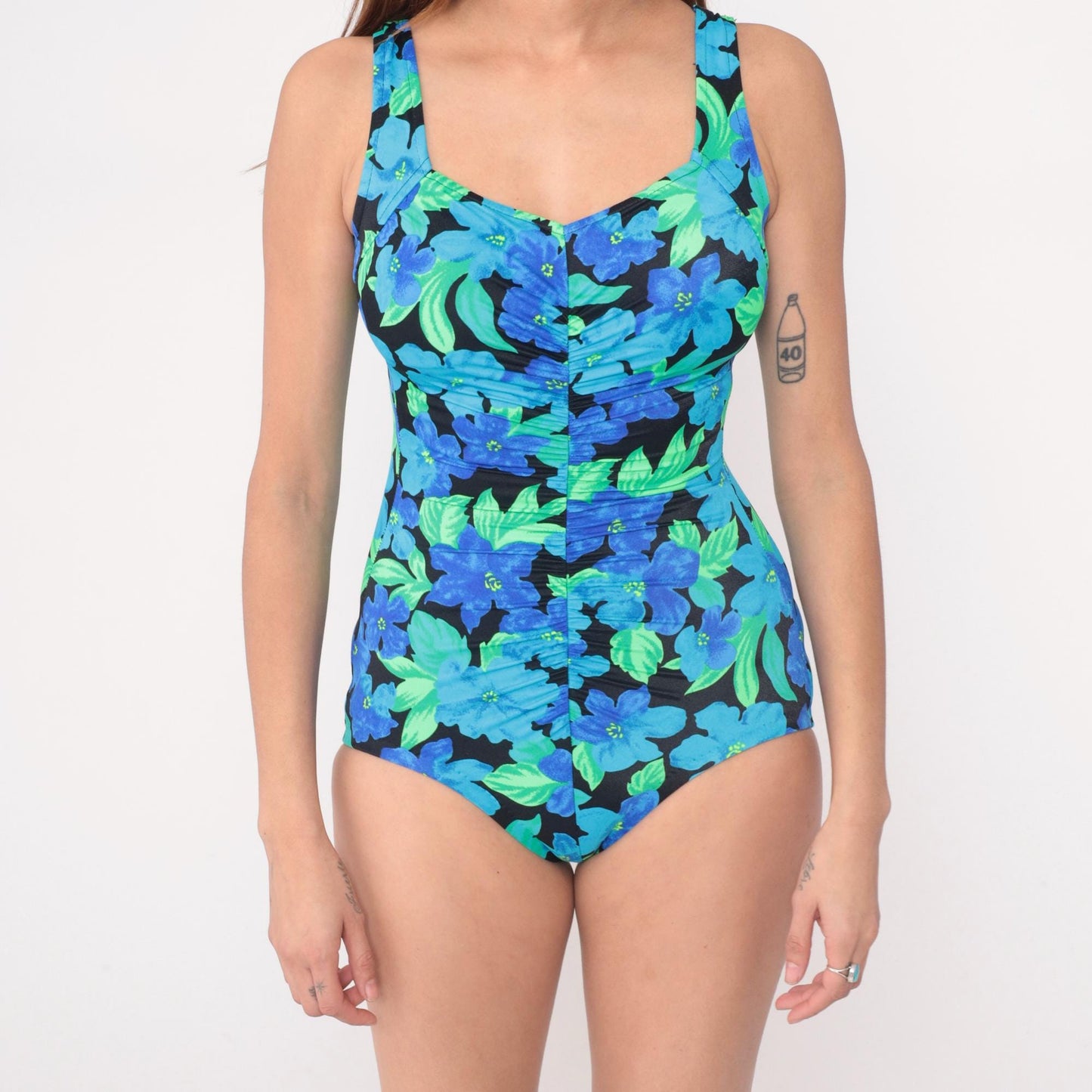 90s Le Cove Floral One-Piece Swimsuit Blue Green Black Tank Medium