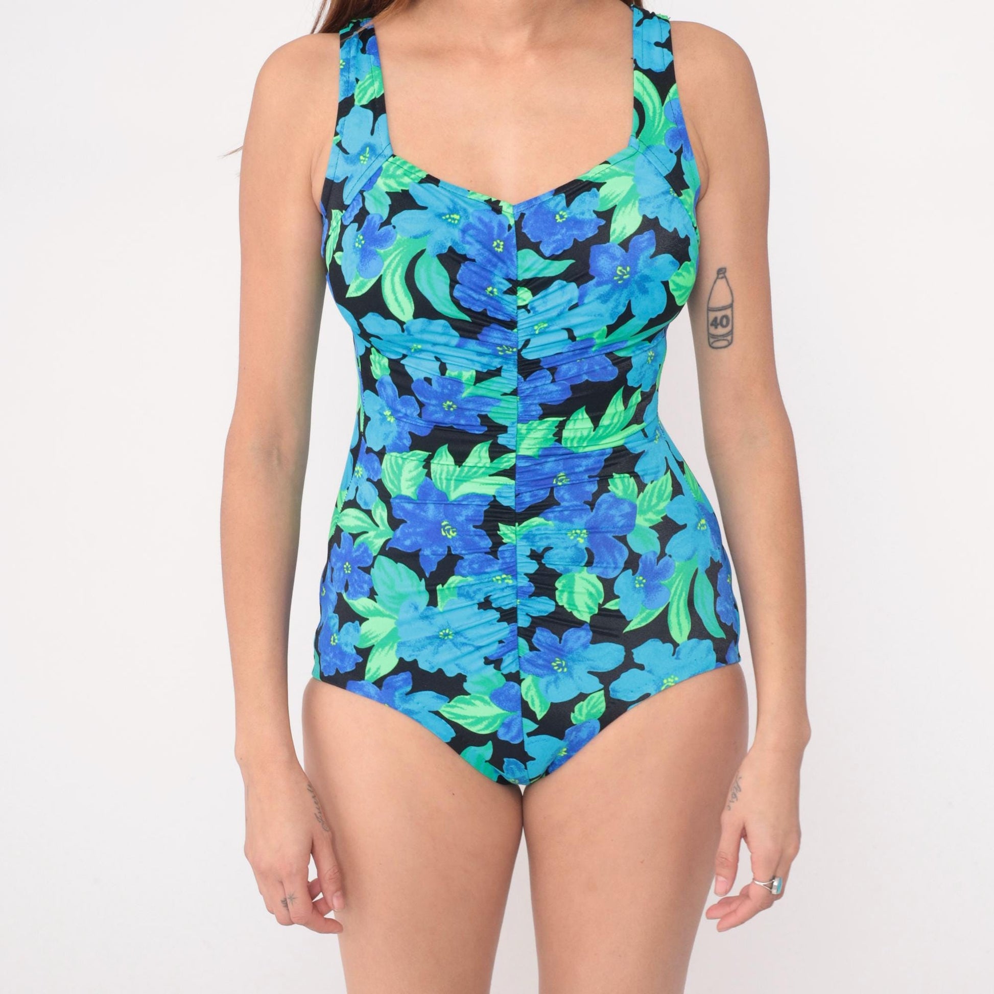 90s Le Cove Floral One-Piece Swimsuit Blue Green Black Tank Medium