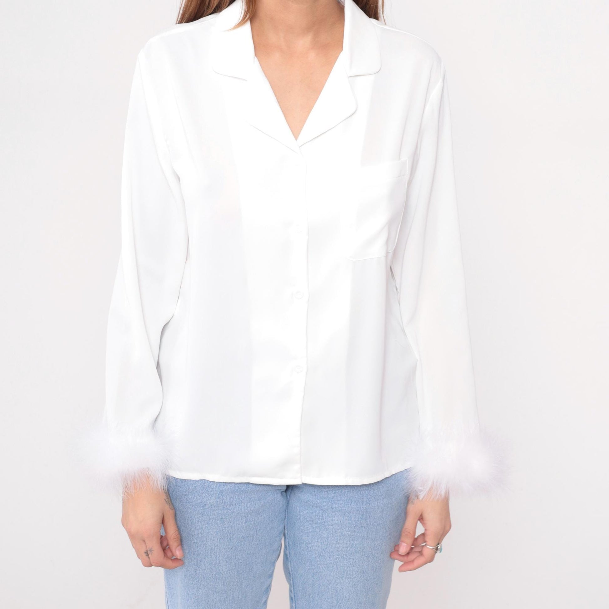 90s White Feather Trim Blouse Notched Collar Button-Up Long Sleeve Medium