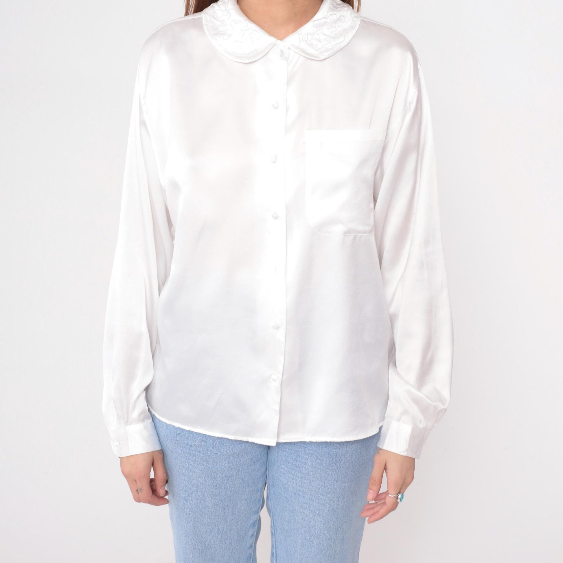 90s Charlotte van Horne White Peter Pan Collar Blouse Long Sleeve Large L