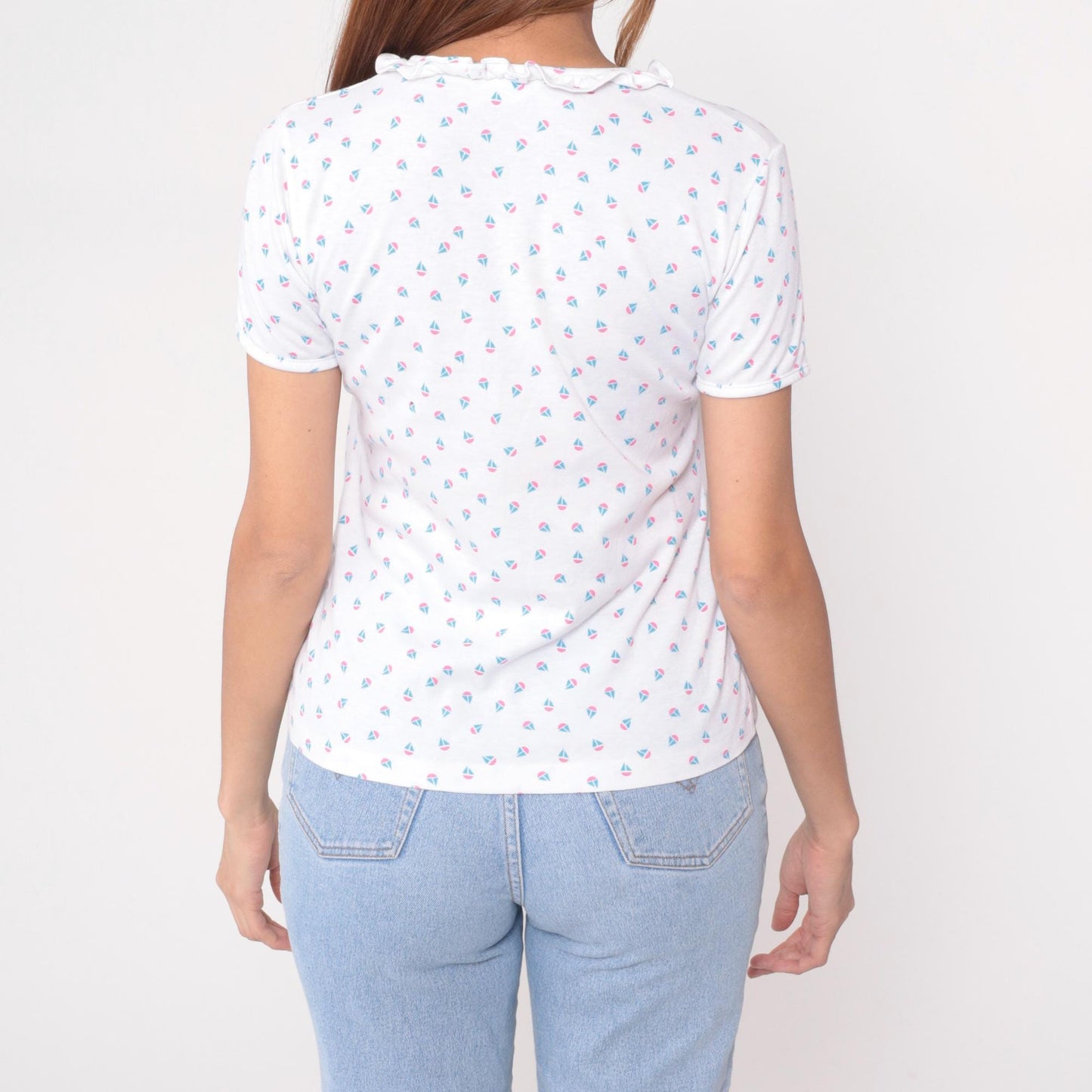 80s Sailboat Print Cotton Blouse Peter Pan Collar White Medium M