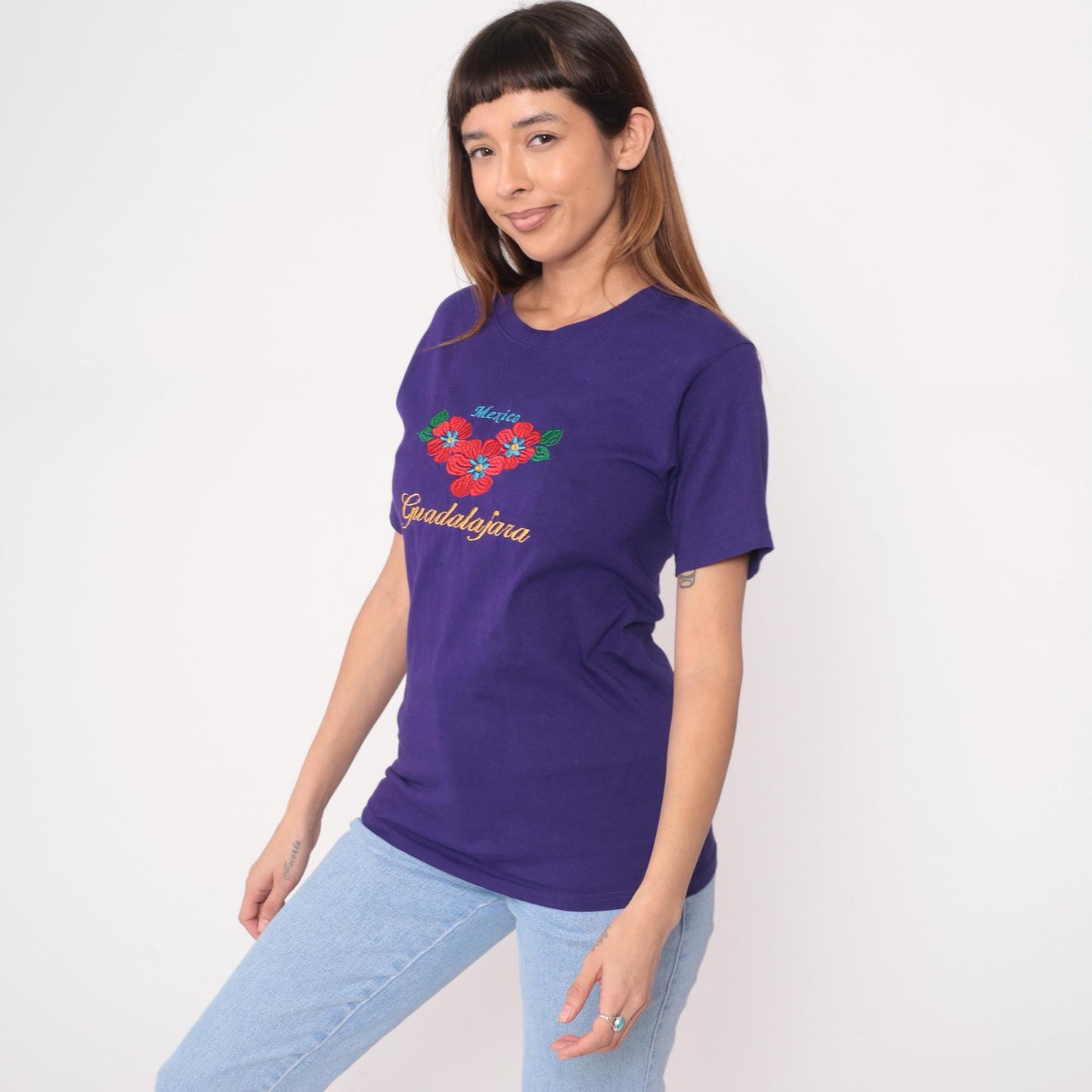 Y2K Yazbek Mexico Guadalajara Embroidered Floral T-Shirt Purple Small S