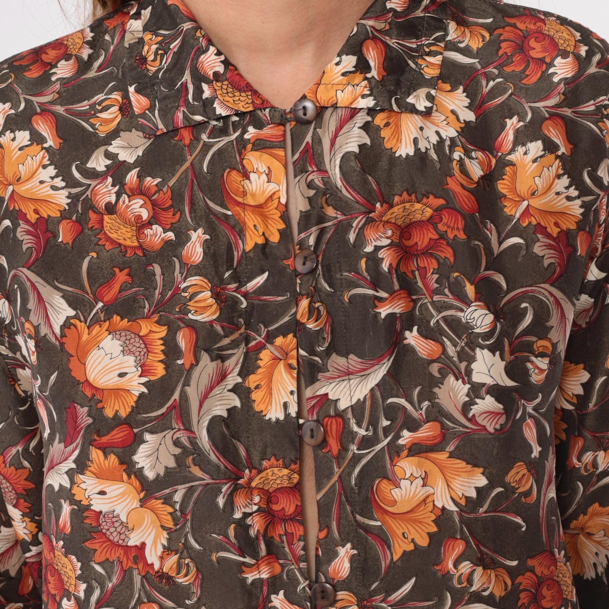 90s Silk Floral Button-Up Blouse Brown Orange Rust Cream Medium M