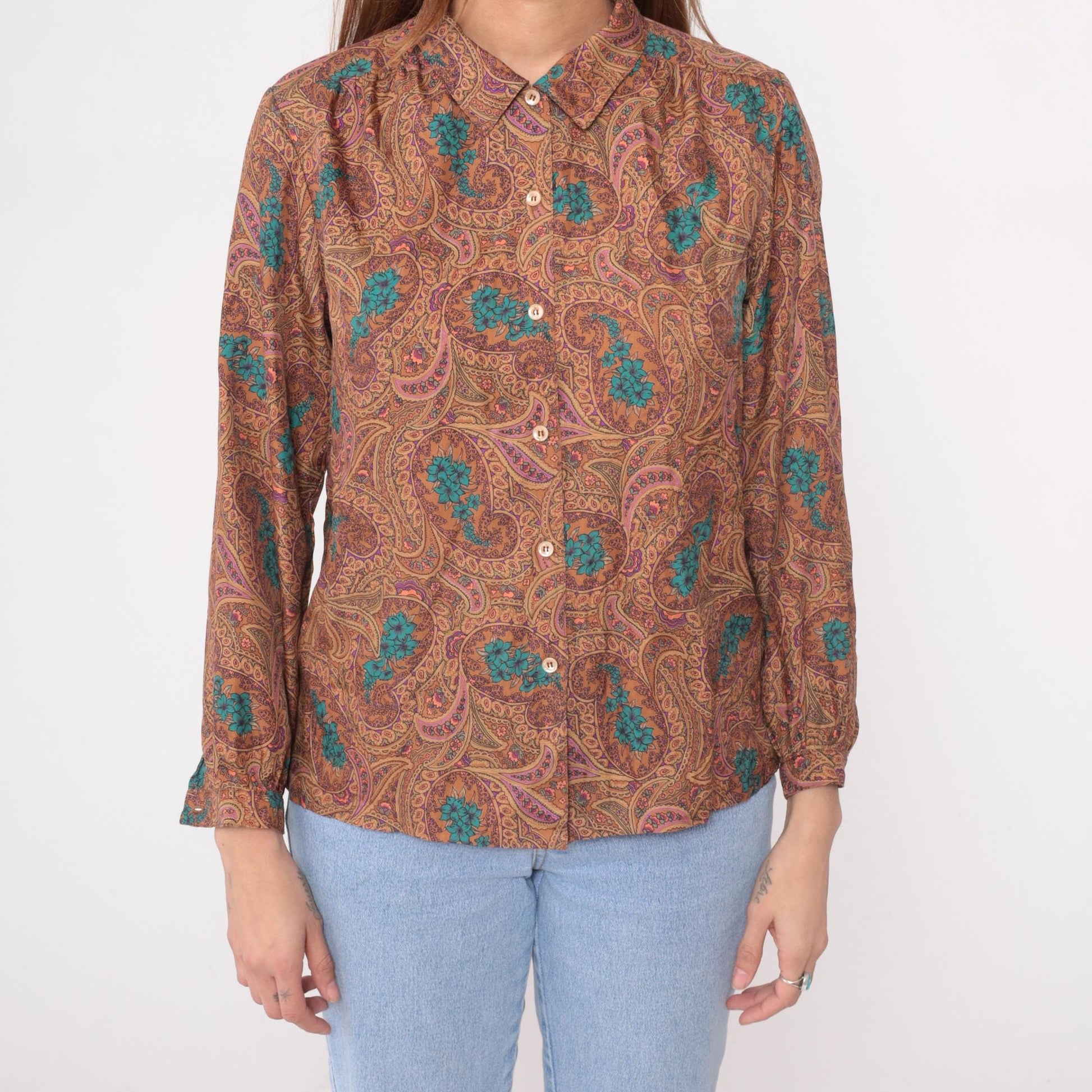 70s Paisley Button-Front Blouse Brown Turquoise Floral Long Sleeve Medium