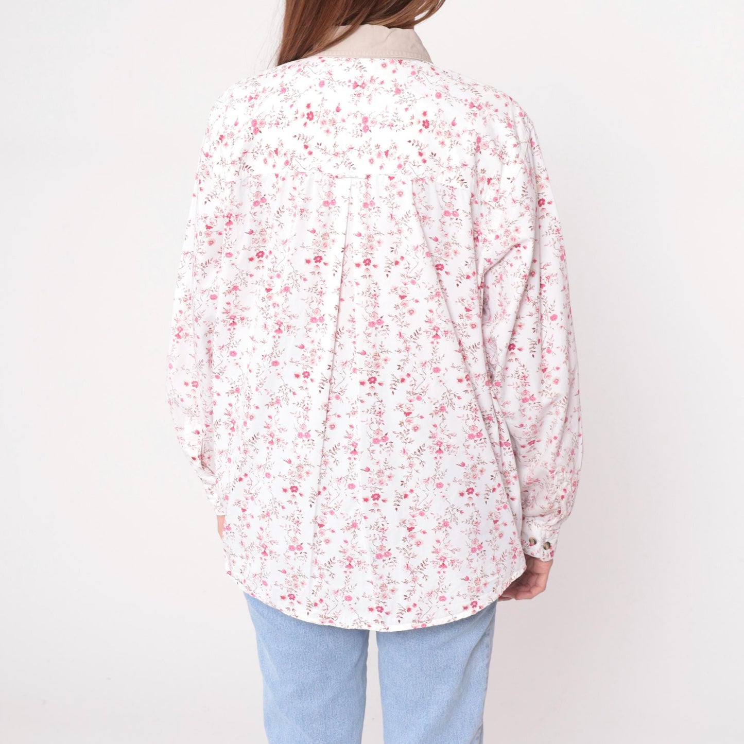 Y2K Cabin Creek Floral Button-Up Blouse White Pink Tan Collar Plus Size XXL