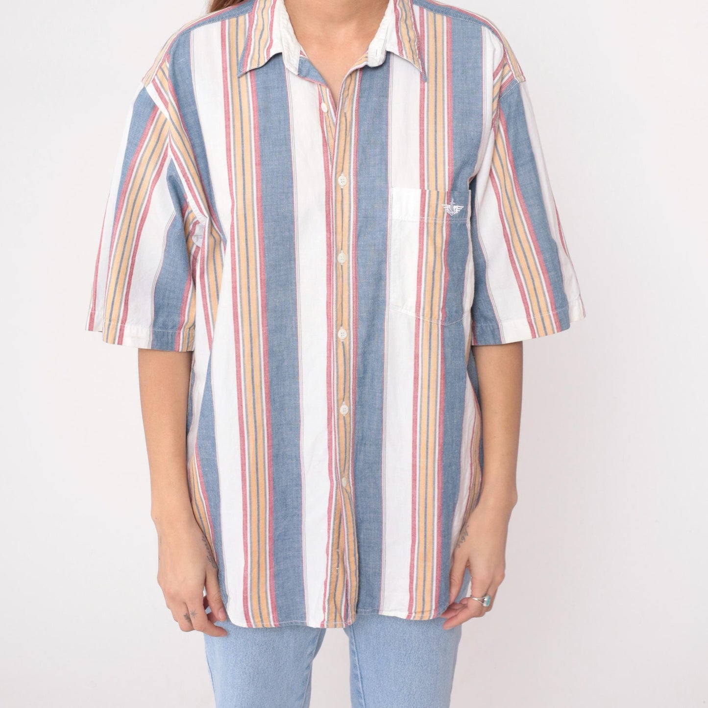 90s Dockers Striped Cotton Button-Up Shirt Blue White Pink Medium M