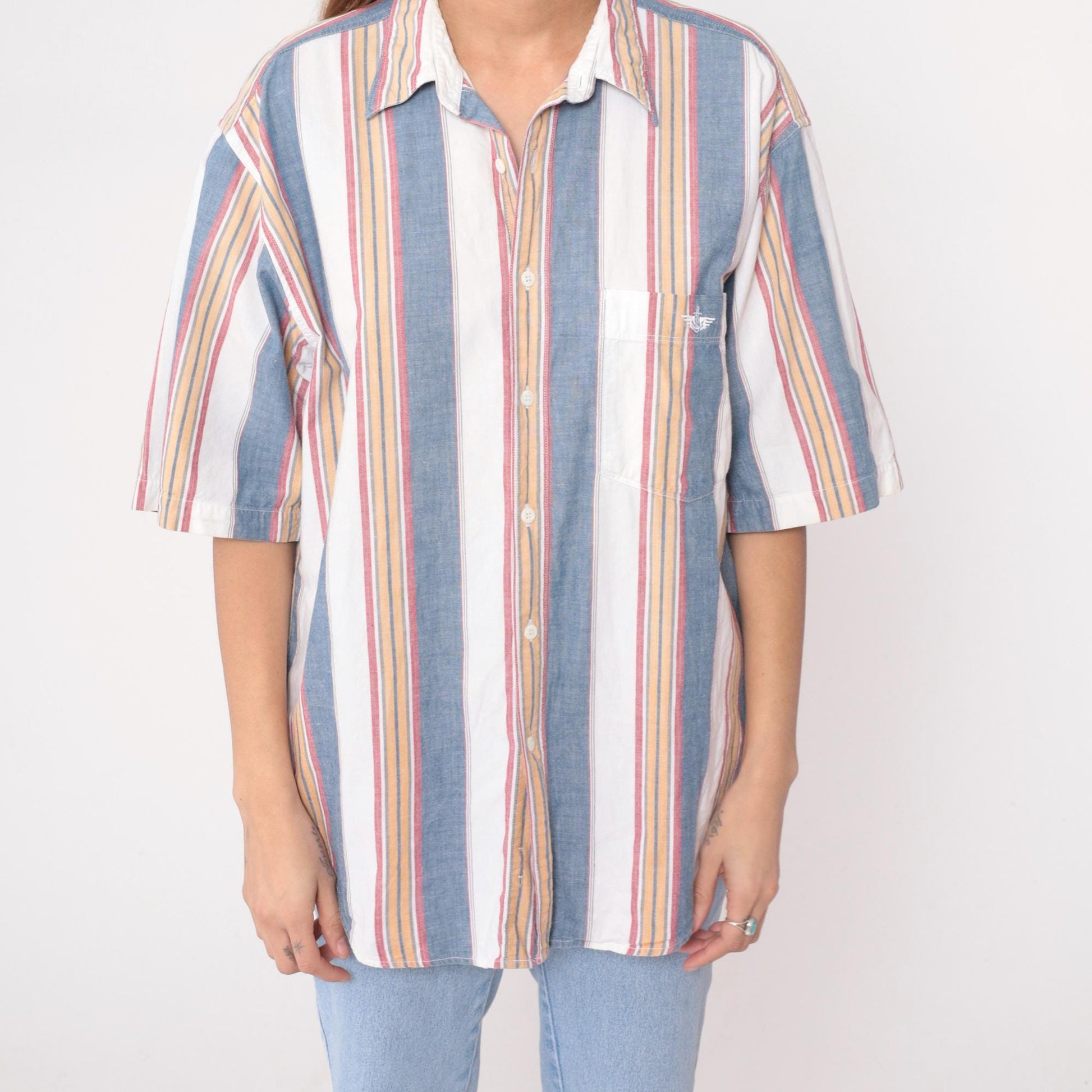 90s Dockers Striped Cotton Button-Up Shirt Blue White Pink Medium M