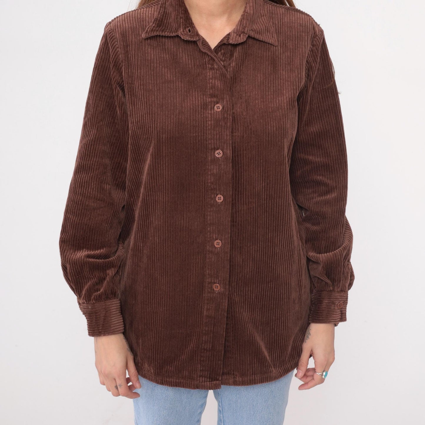 Y2K Brown Corduroy Button-Up Shirt Blair Pointed Collar Long Sleeve Medium