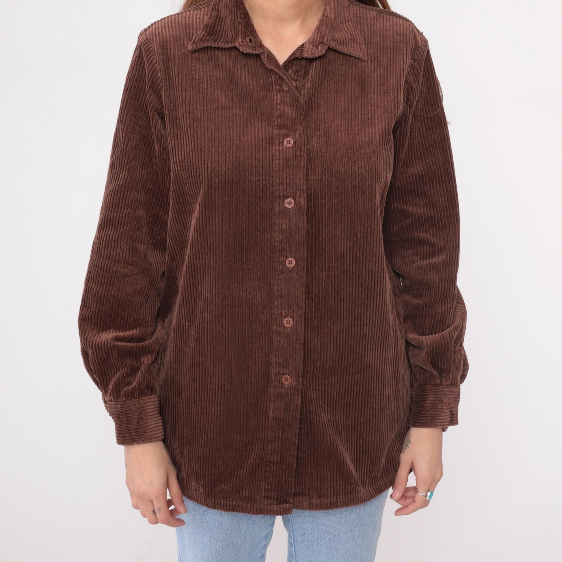 Y2K Brown Corduroy Button-Up Shirt Blair Pointed Collar Long Sleeve Medium
