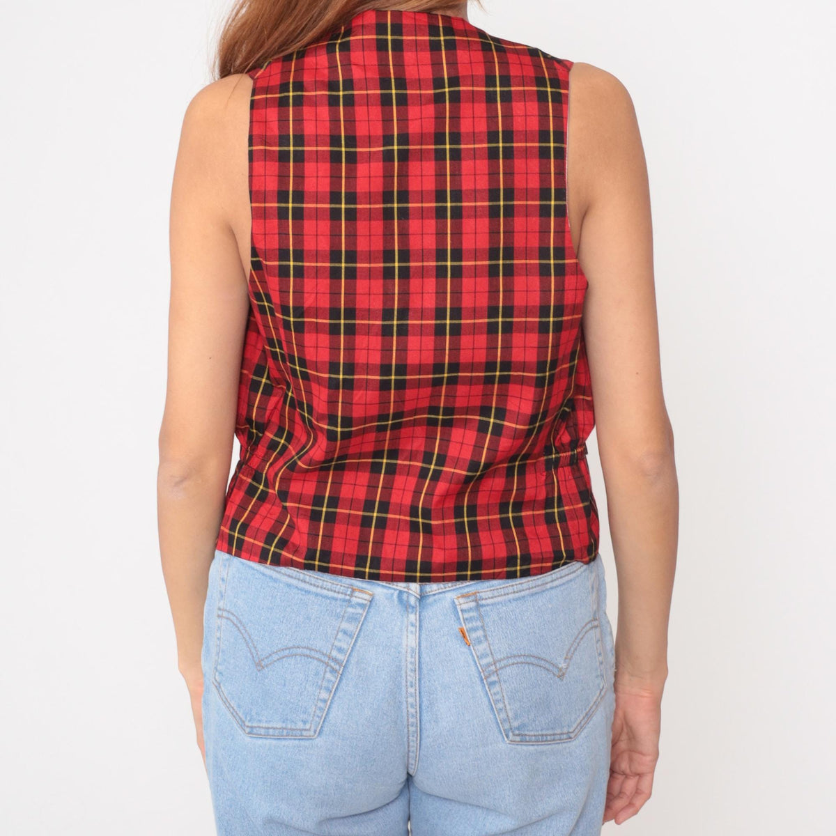 80s Red Plaid Wool Vest Button-Front V-Neck Sleeveless Small S