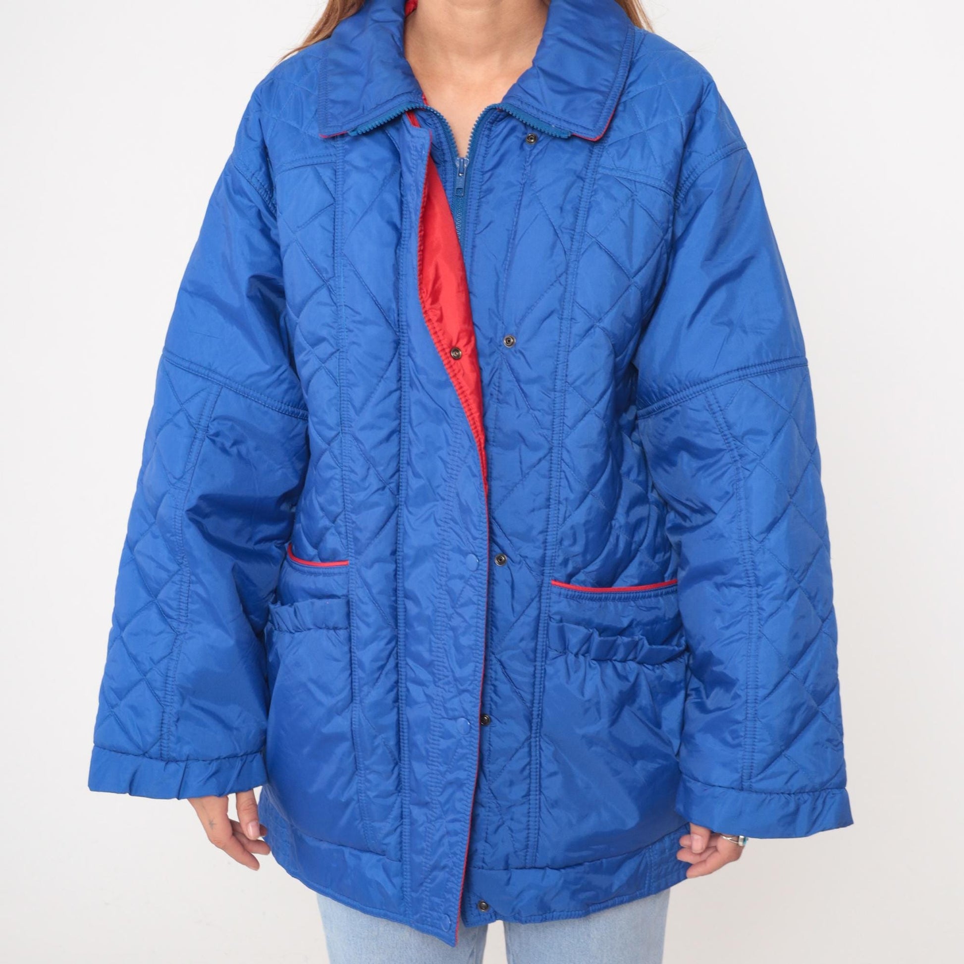 80s Aurora International Blue Quilted Jacket Diamond Pattern Red Lining Medium