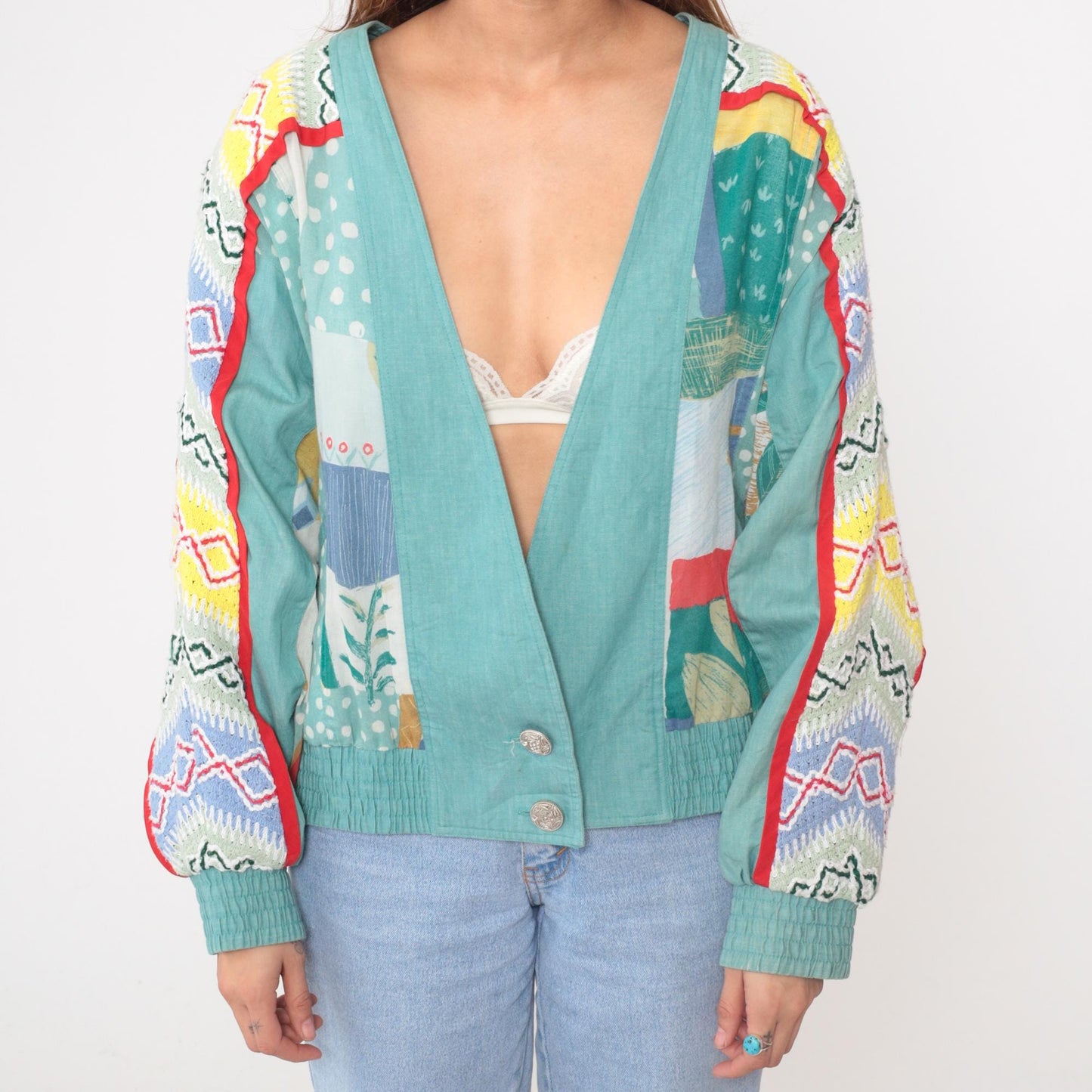 Y2K Howard Wolf Patchwork Cardigan Geometric Print Turquoise Medium M