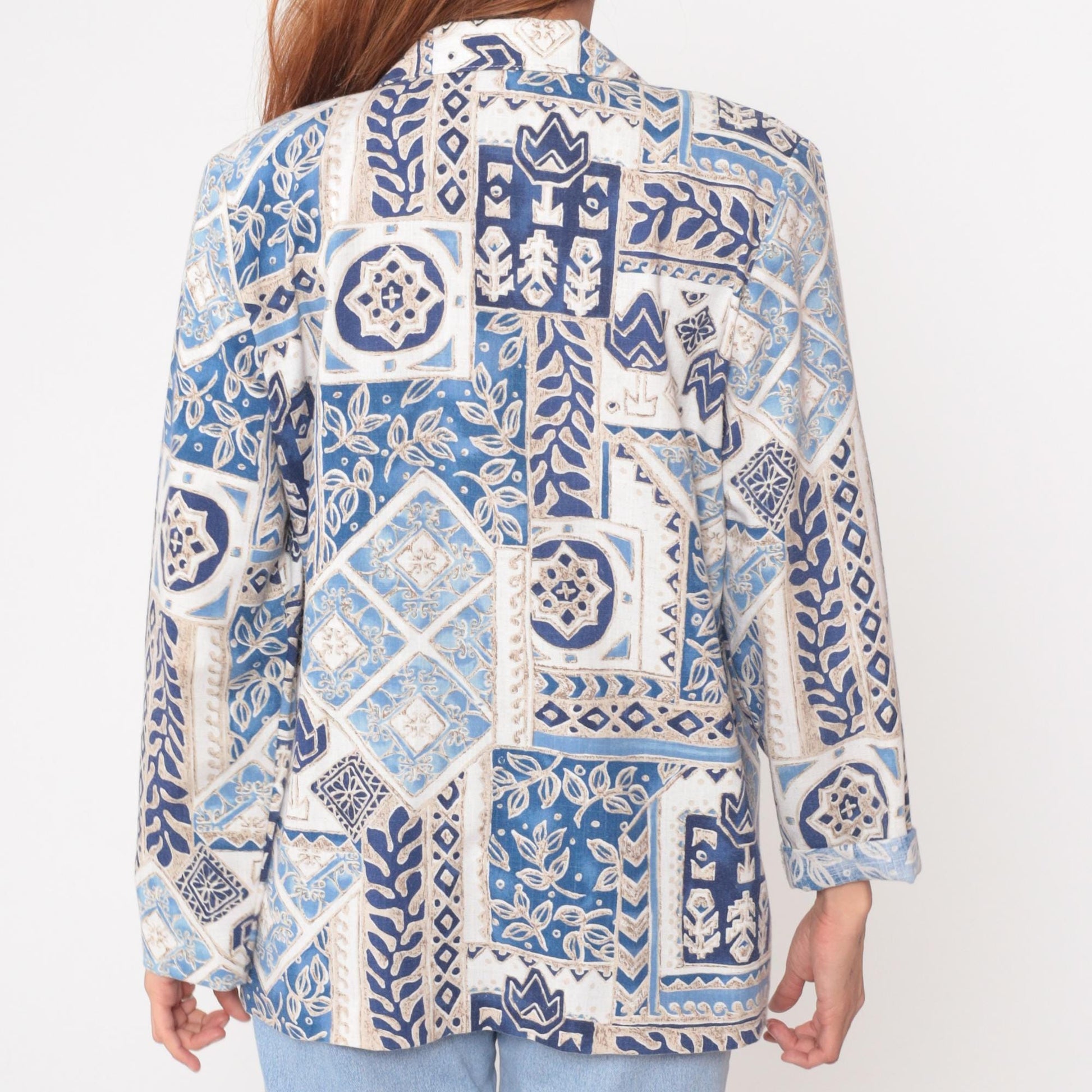 90s Blair Boutique Geometric Tile Blazer Blue White Cotton Medium