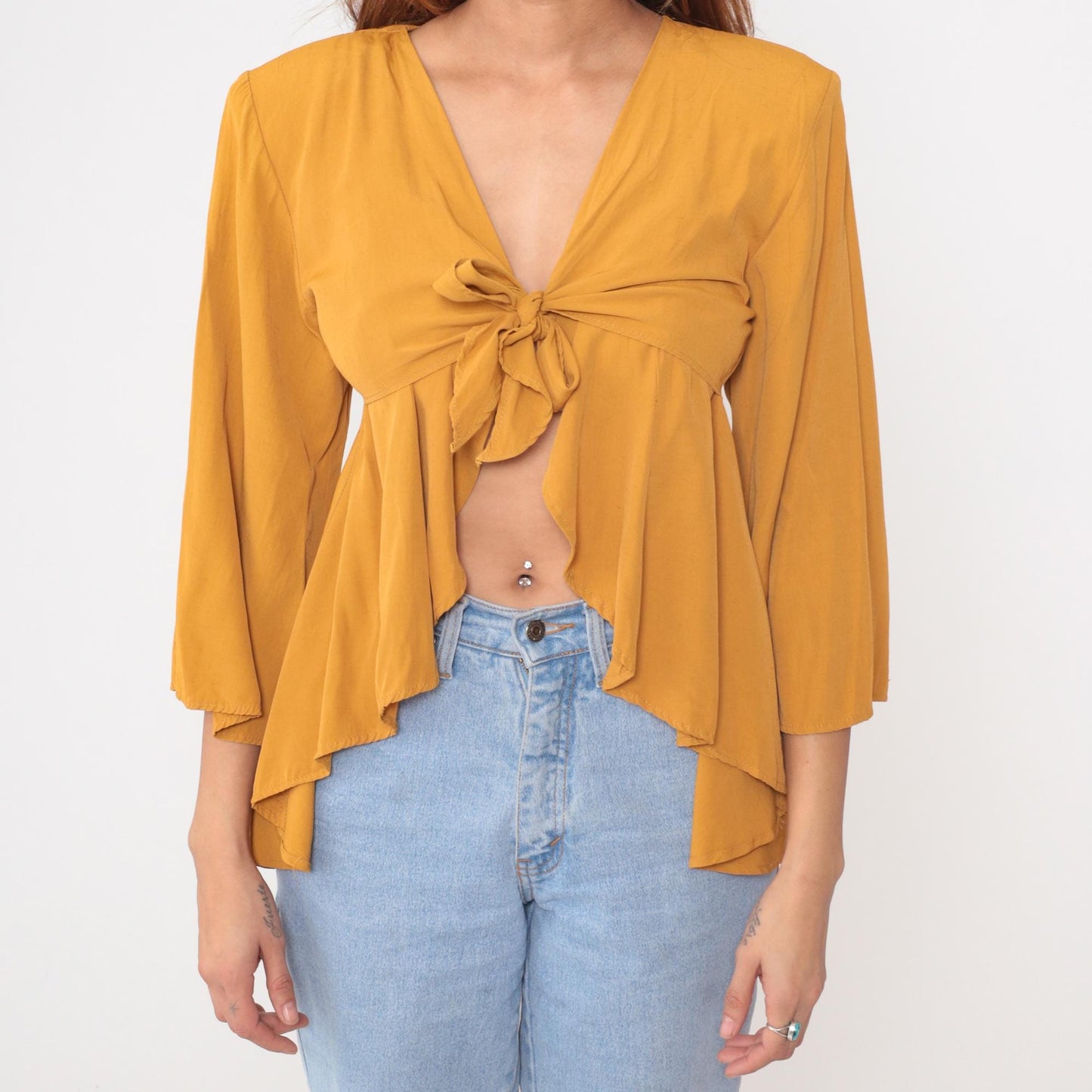 90s Rondo Mustard Yellow Crop Top Deep V Tie Front Peplum Medium M