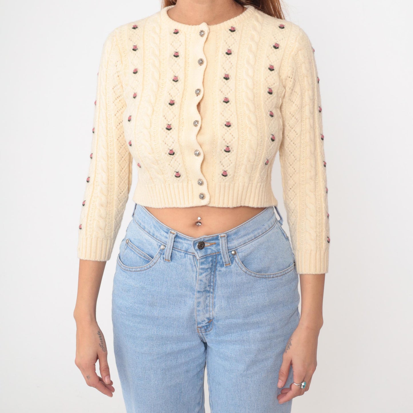 80s Cream Wool Cable Knit Cardigan Embroidered Roses Cropped Extra Small XS