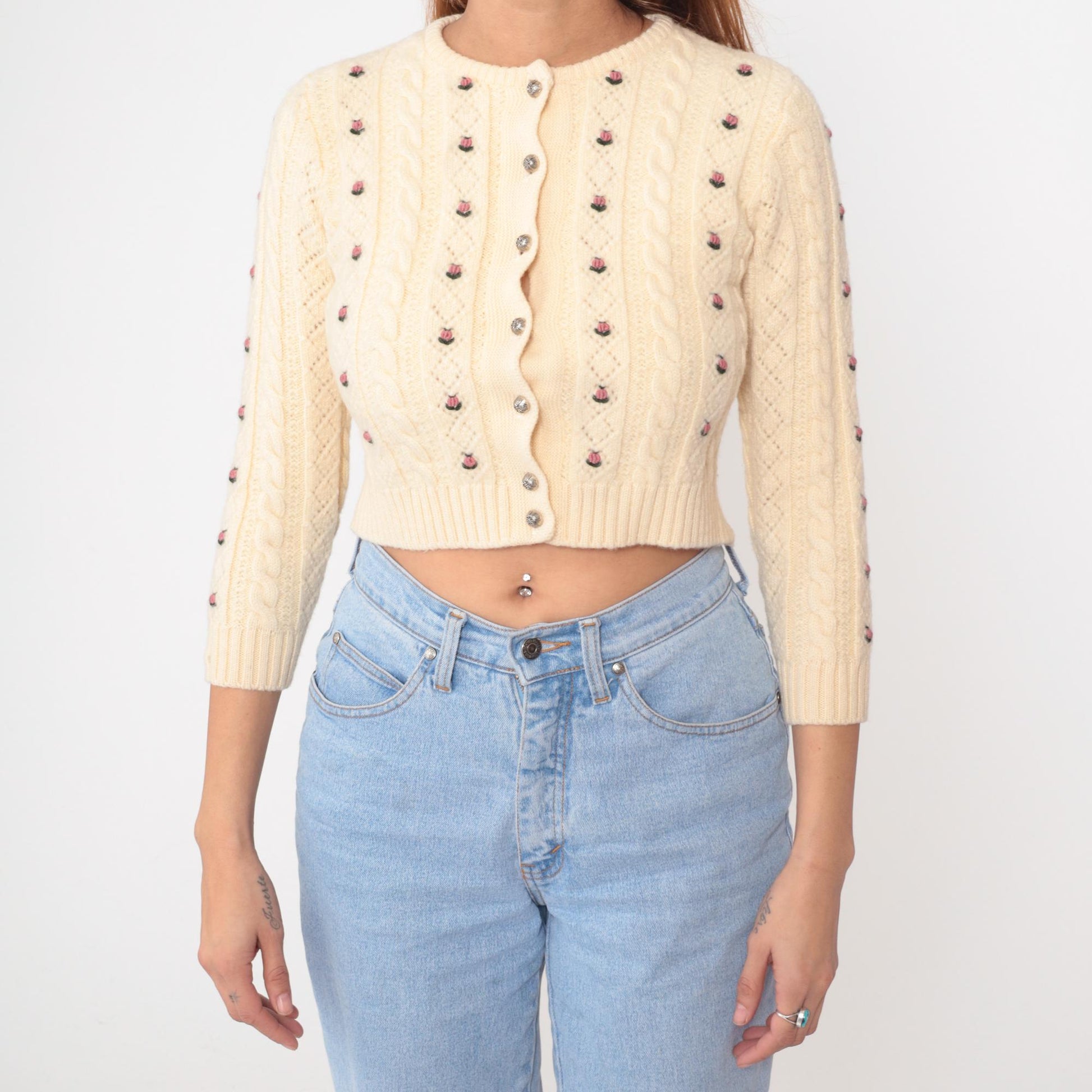 80s Cream Wool Cable Knit Cardigan Embroidered Roses Cropped Extra Small XS