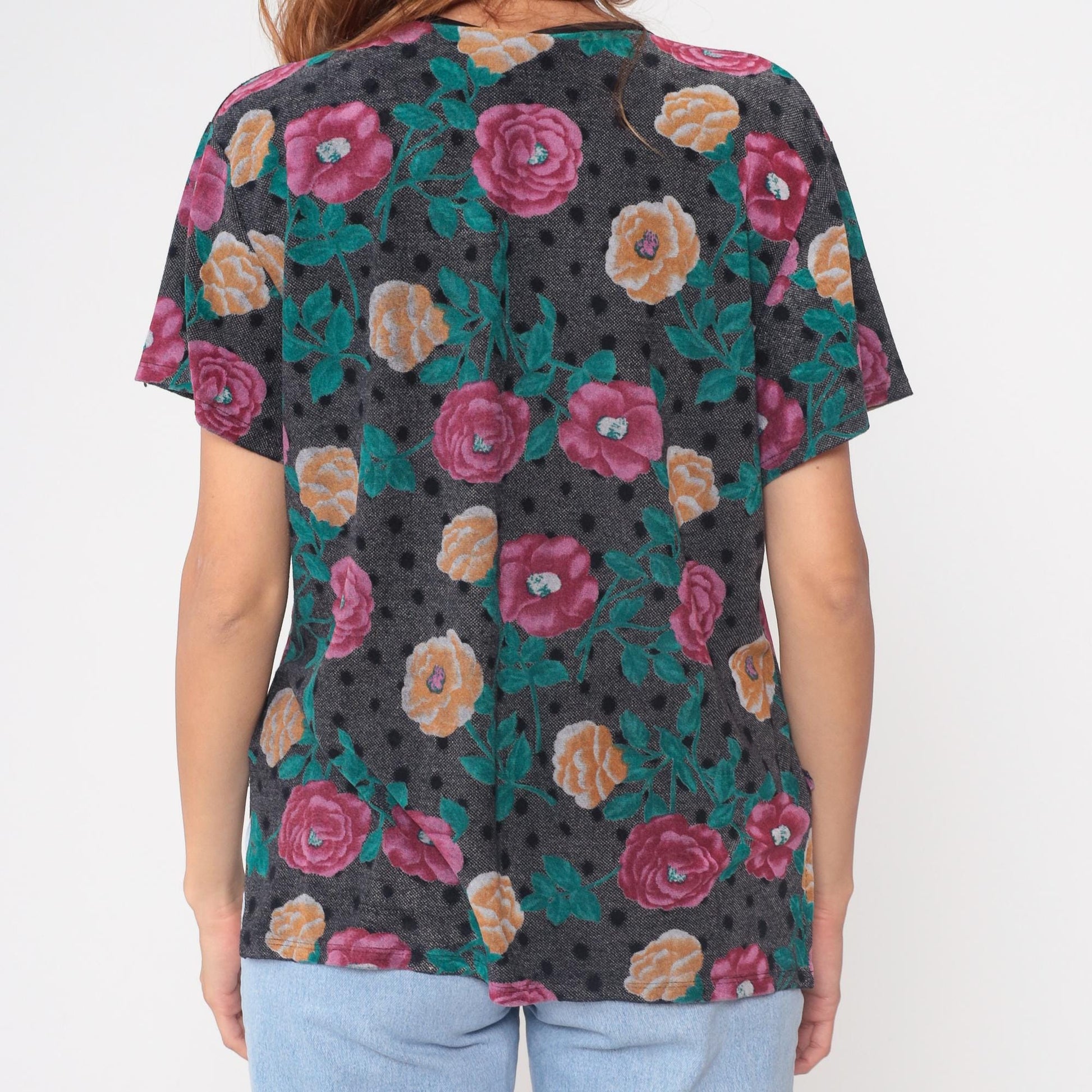 90s Floral Button-Up Blouse Velour Grey Pink Orange Roses Medium