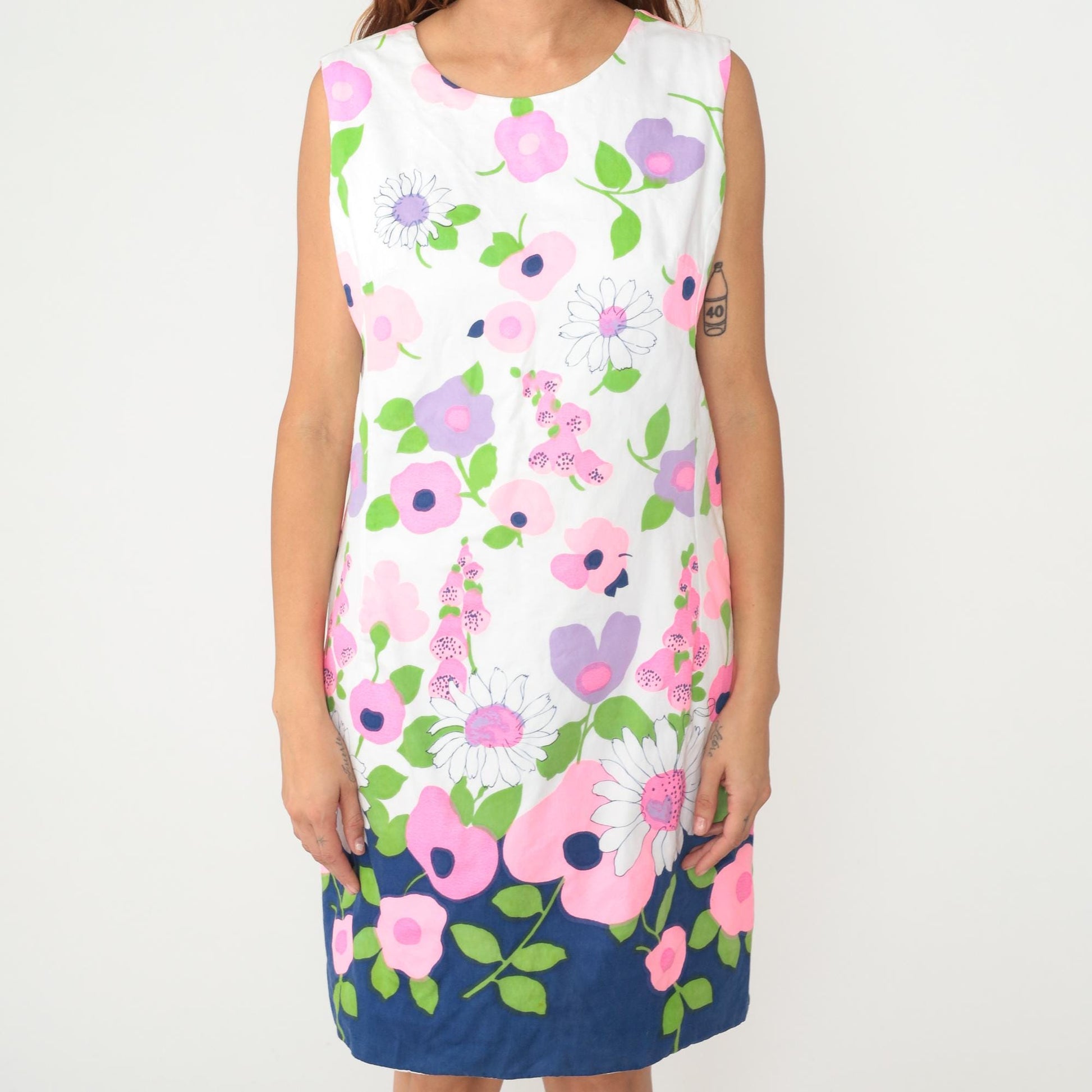 60s Floral Shift Dress Navy Daisy Pink Purple White Cotton Sleeveless Medium
