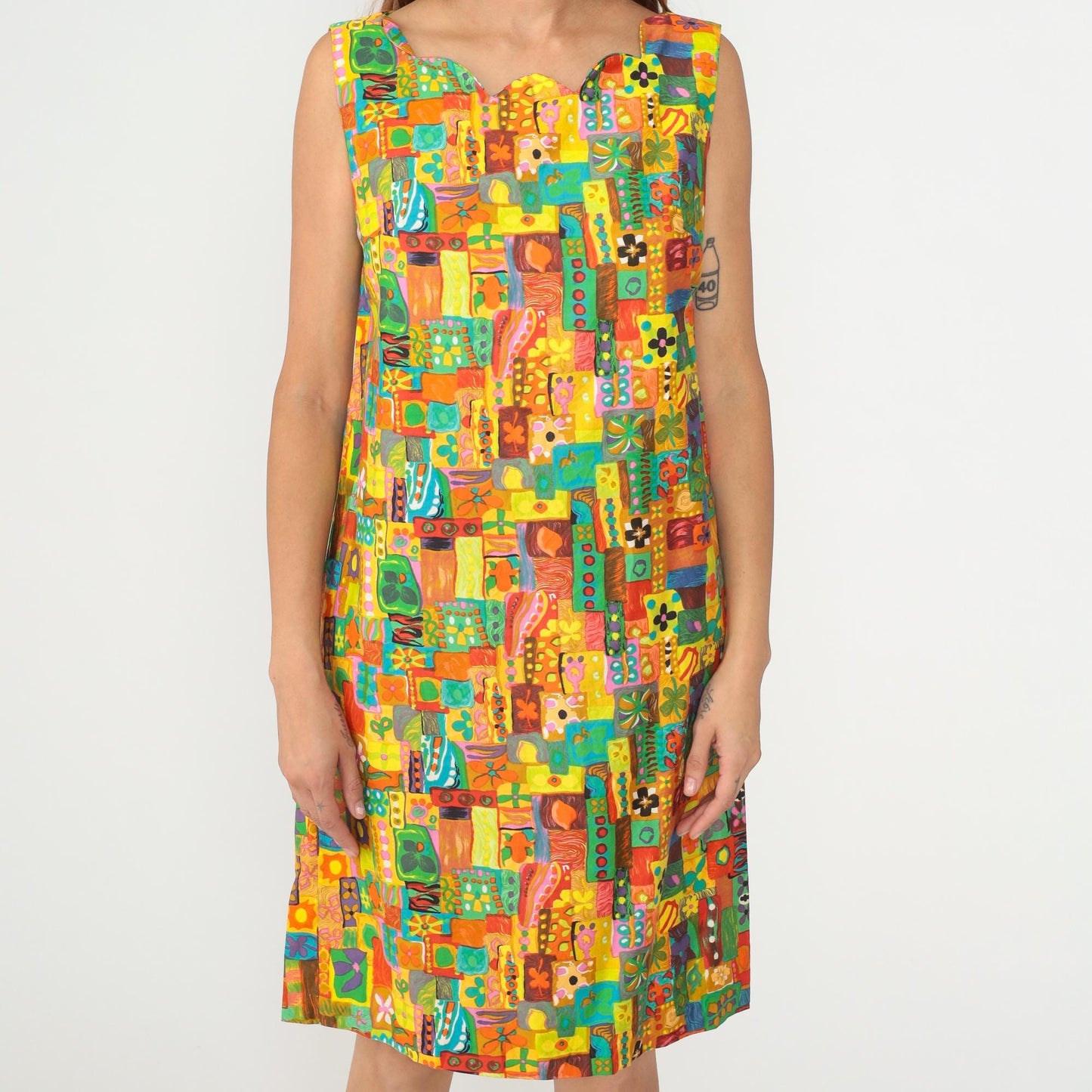 60s Psychedelic Patchwork Shift Dress Multicolor Geometric Mini Cotton Medium