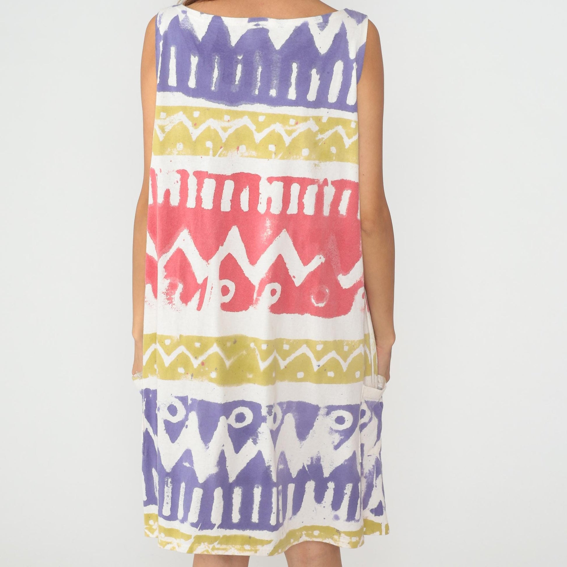 90s Parrot Shift Dress Knee Length Geometric Tribal Print Purple Yellow Pink Large