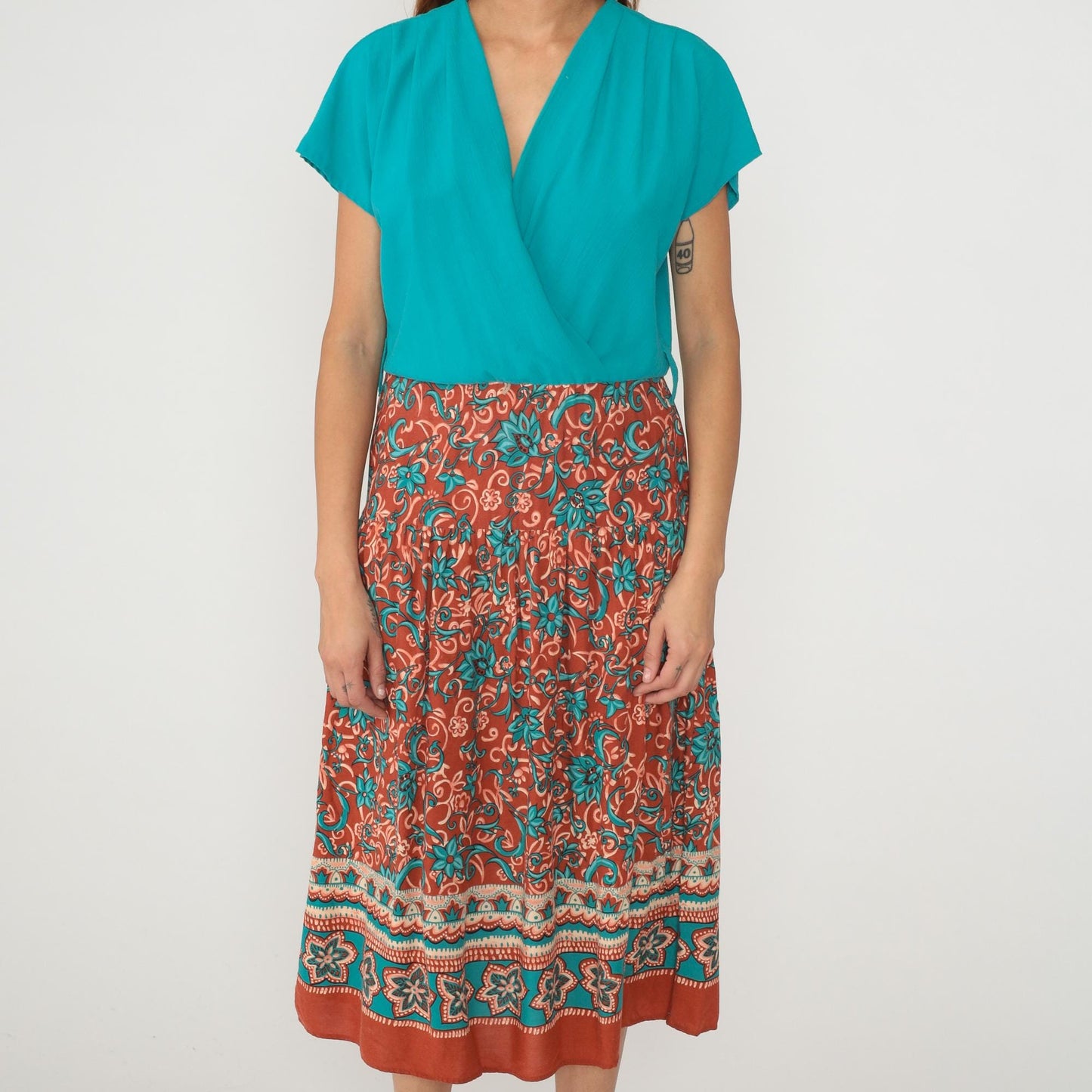 90s Caroline Wells Turquoise Floral Rayon Maxi Dress Short Sleeve Medium