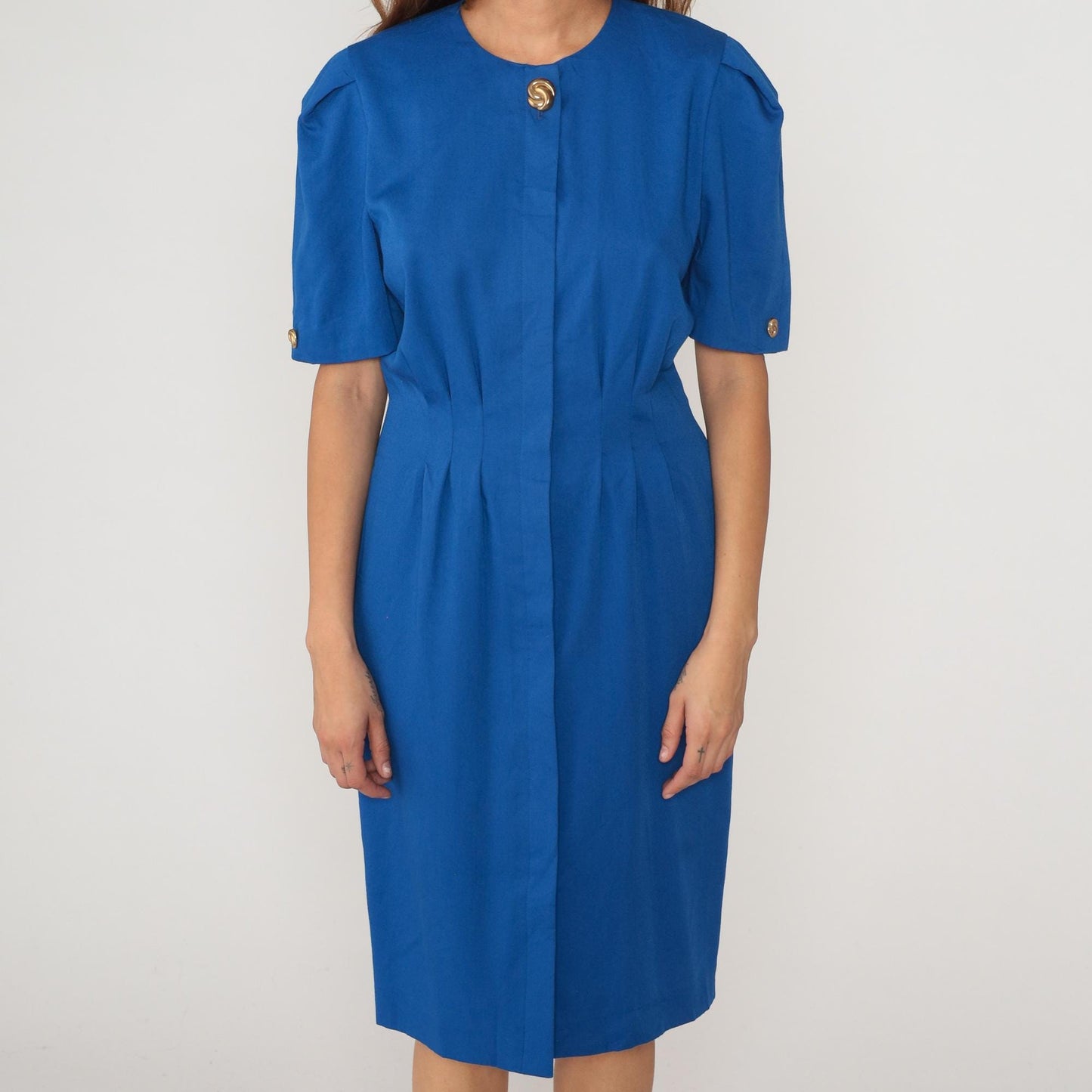 90s Royal Blue Secretary Dress Puff Sleeve Fitted Waist Knee-Length Medium