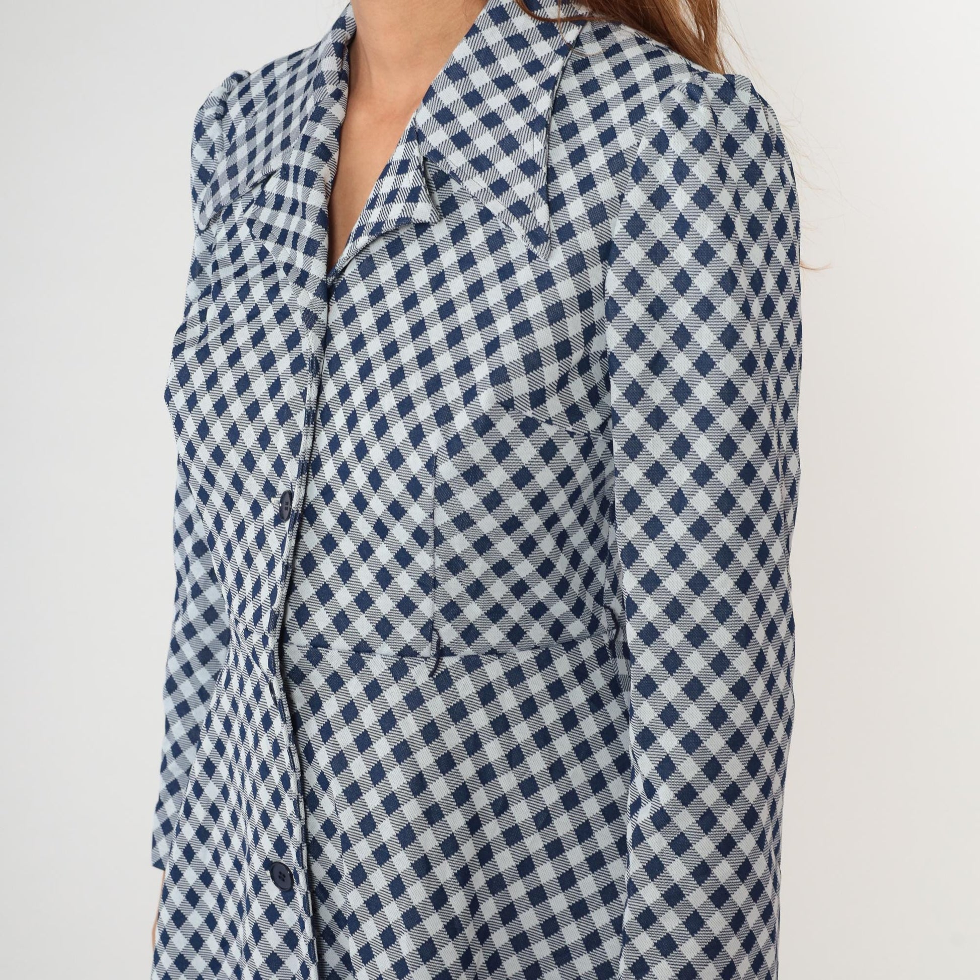 70s Blue White Gingham Check Dress Collared A-Line Long Sleeve Medium
