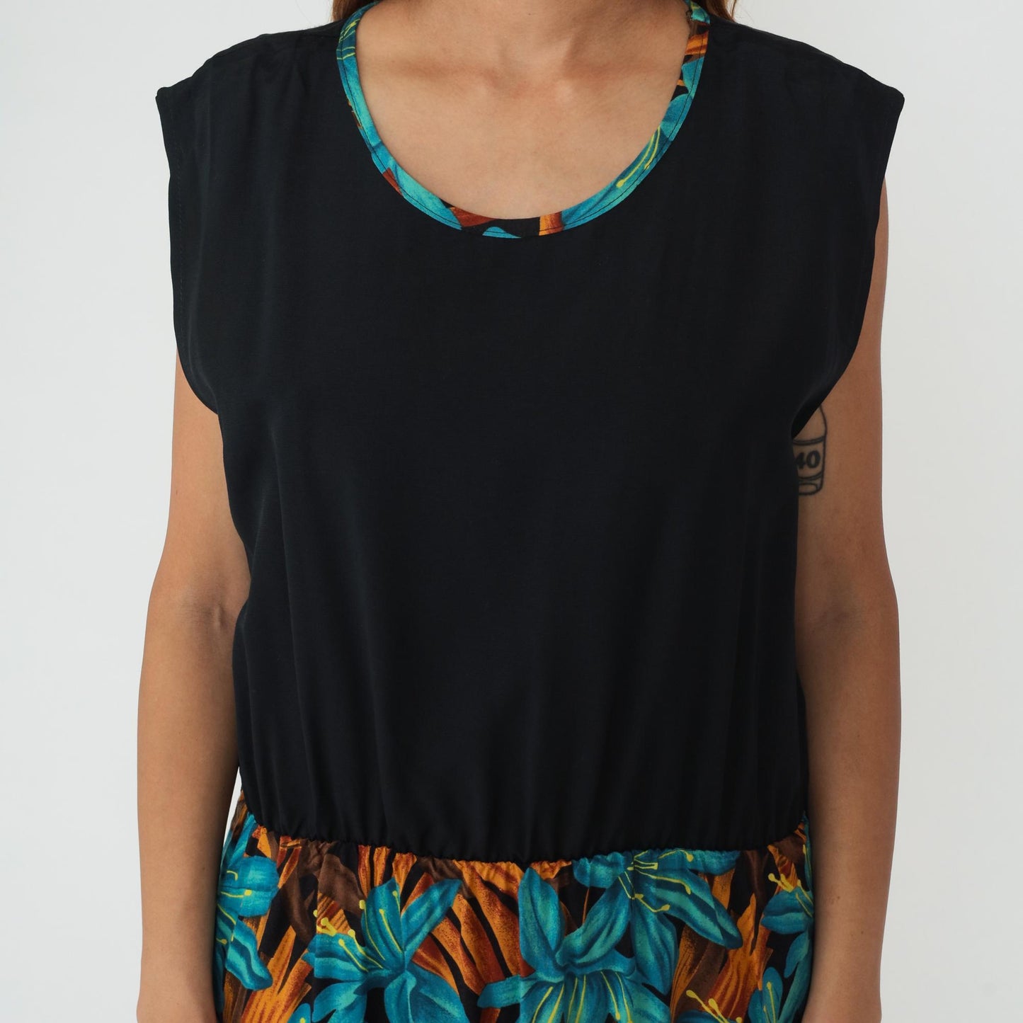 90s Tropical Floral Colorblock Sleeveless Dress Black Turquoise Large L