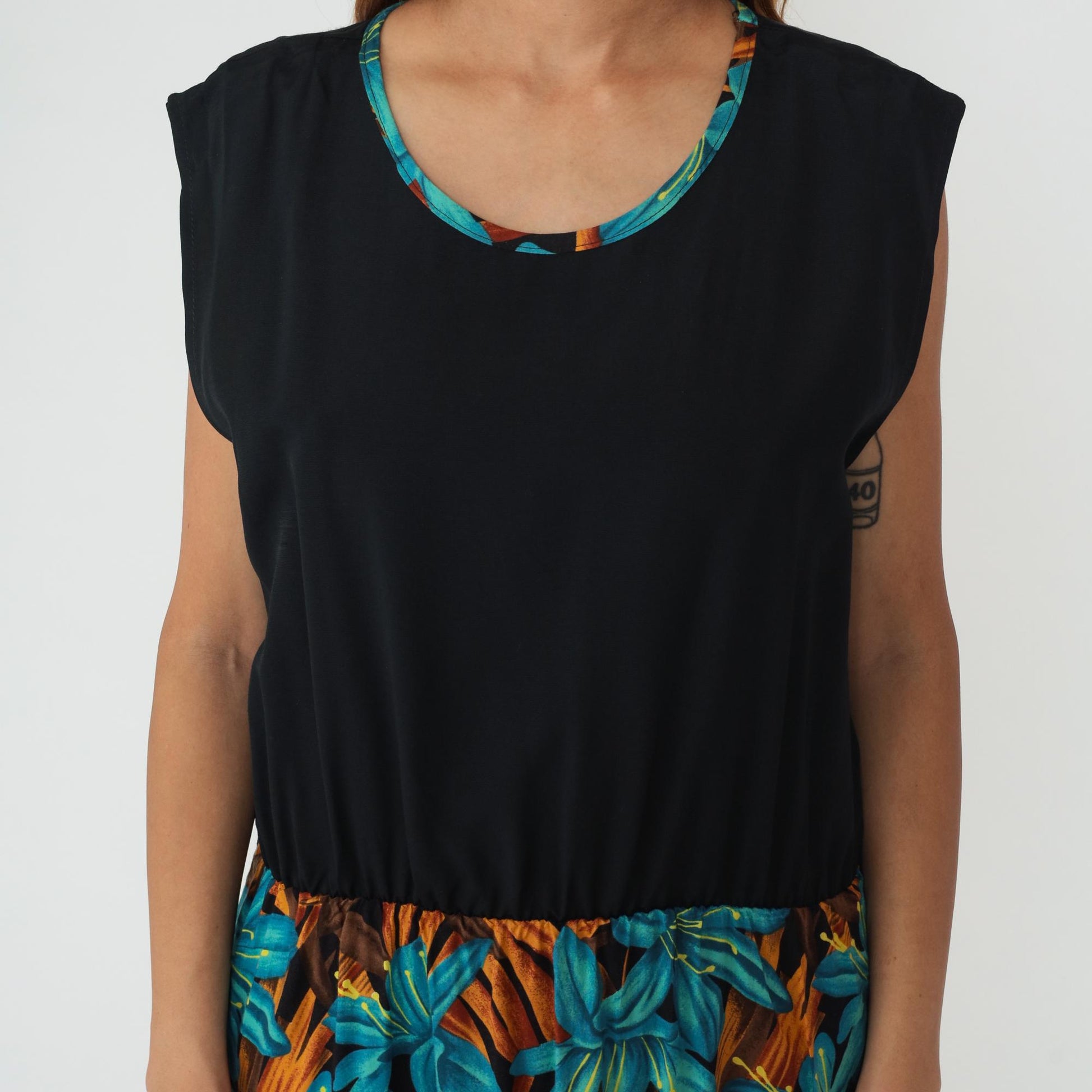 90s Tropical Floral Colorblock Sleeveless Dress Black Turquoise Large L