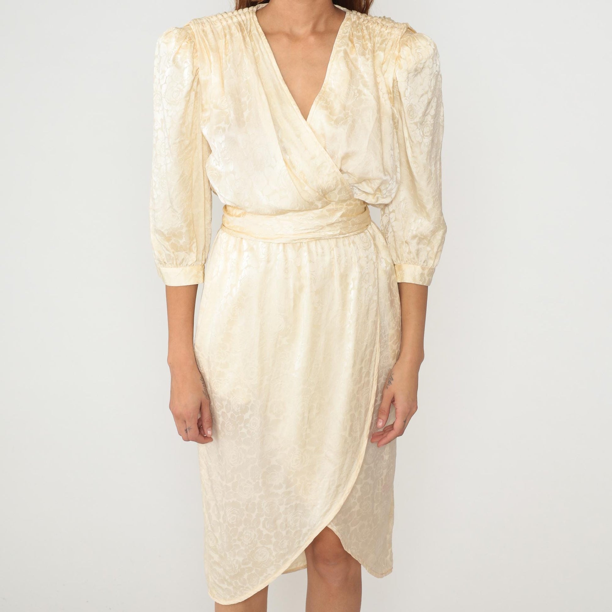 90s Argenti Silk Wrap Dress Cream Floral Jacquard V-Neck Small S